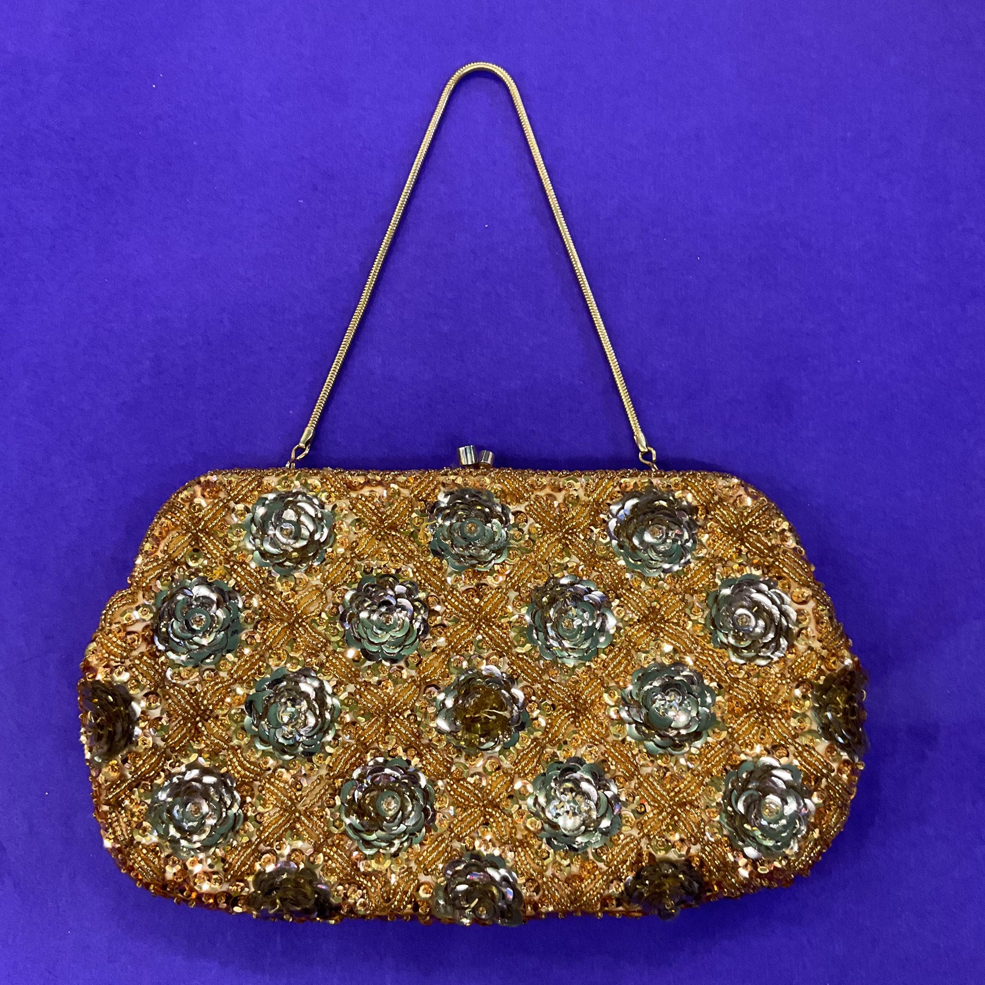 Vintage 1950s Handmade LE SOIR Evening Bag, Gold Beads and Sequinned Floral Clusters