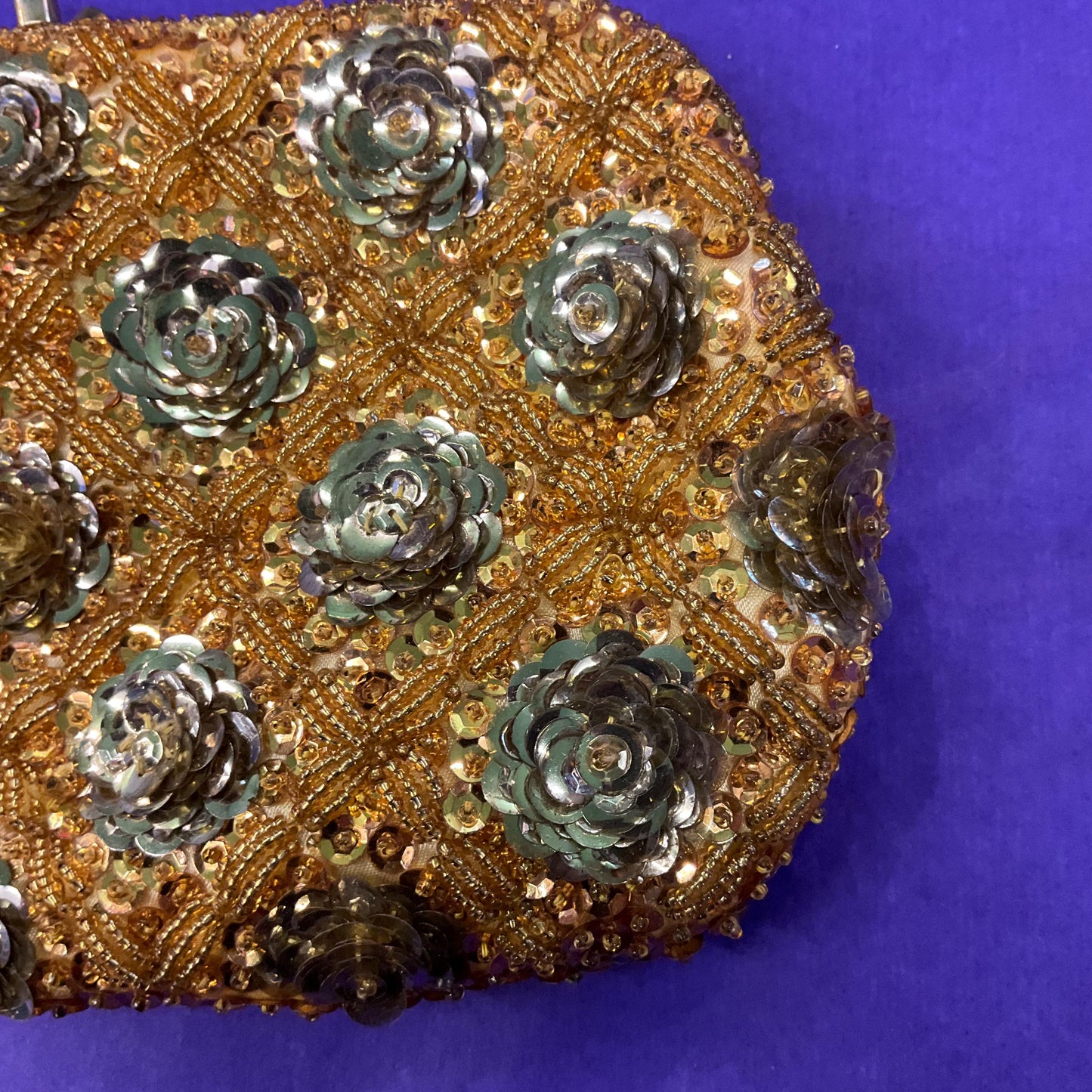 Vintage 1950s Handmade LE SOIR Evening Bag, Gold Beads and Sequinned Floral Clusters