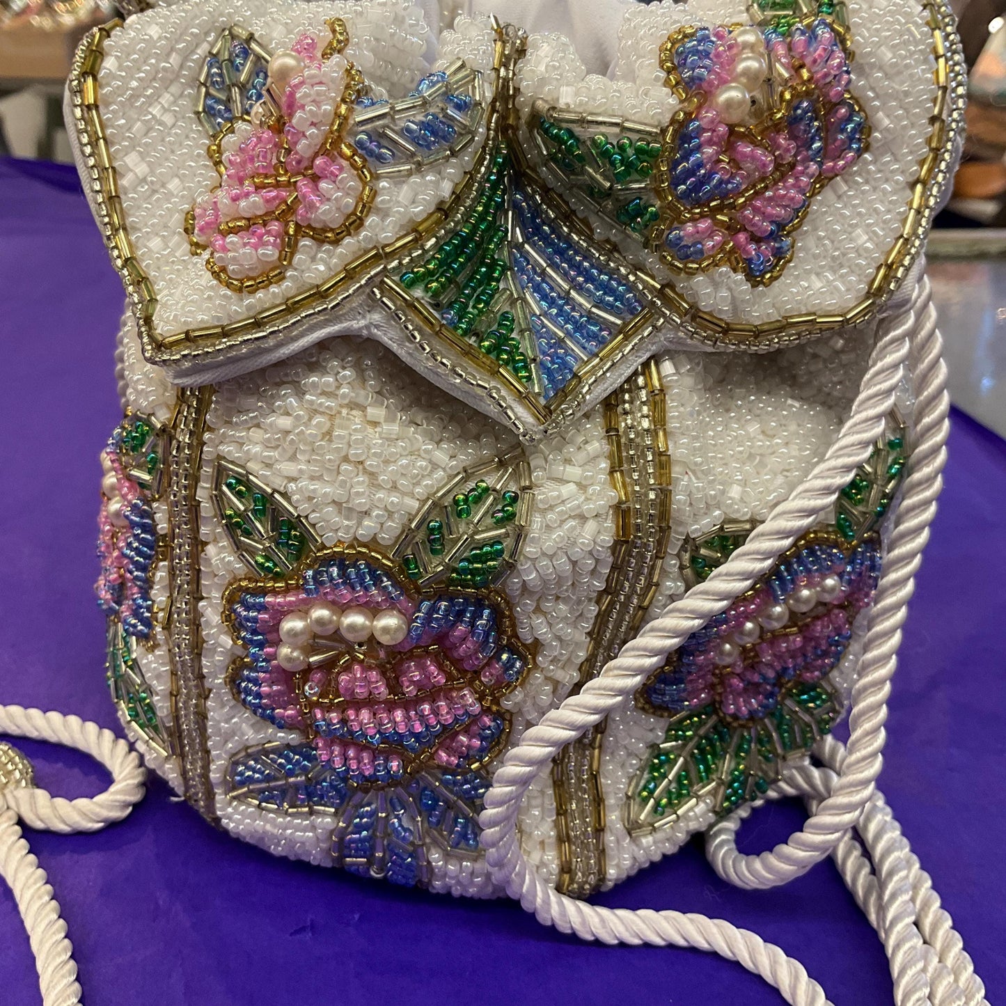 Vintage Beaded Floral Bucket Bag with Drawstring Shoulder Strap, Multicoloured Beads and Faux Pearls