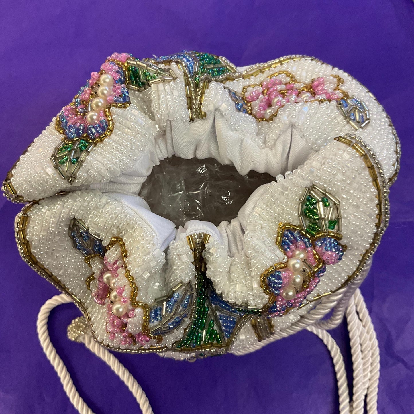 Vintage Beaded Floral Bucket Bag with Drawstring Shoulder Strap, Multicoloured Beads and Faux Pearls