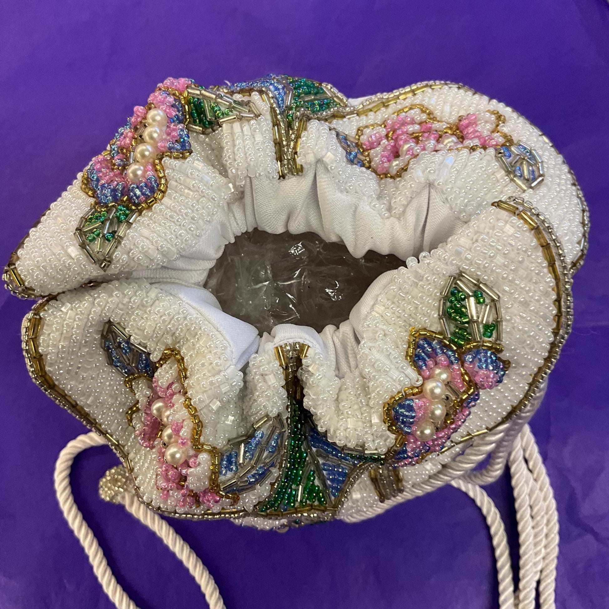 Vintage Beaded Floral Bucket Bag with Drawstring Shoulder Strap, Multicoloured Beads and Faux Pearls