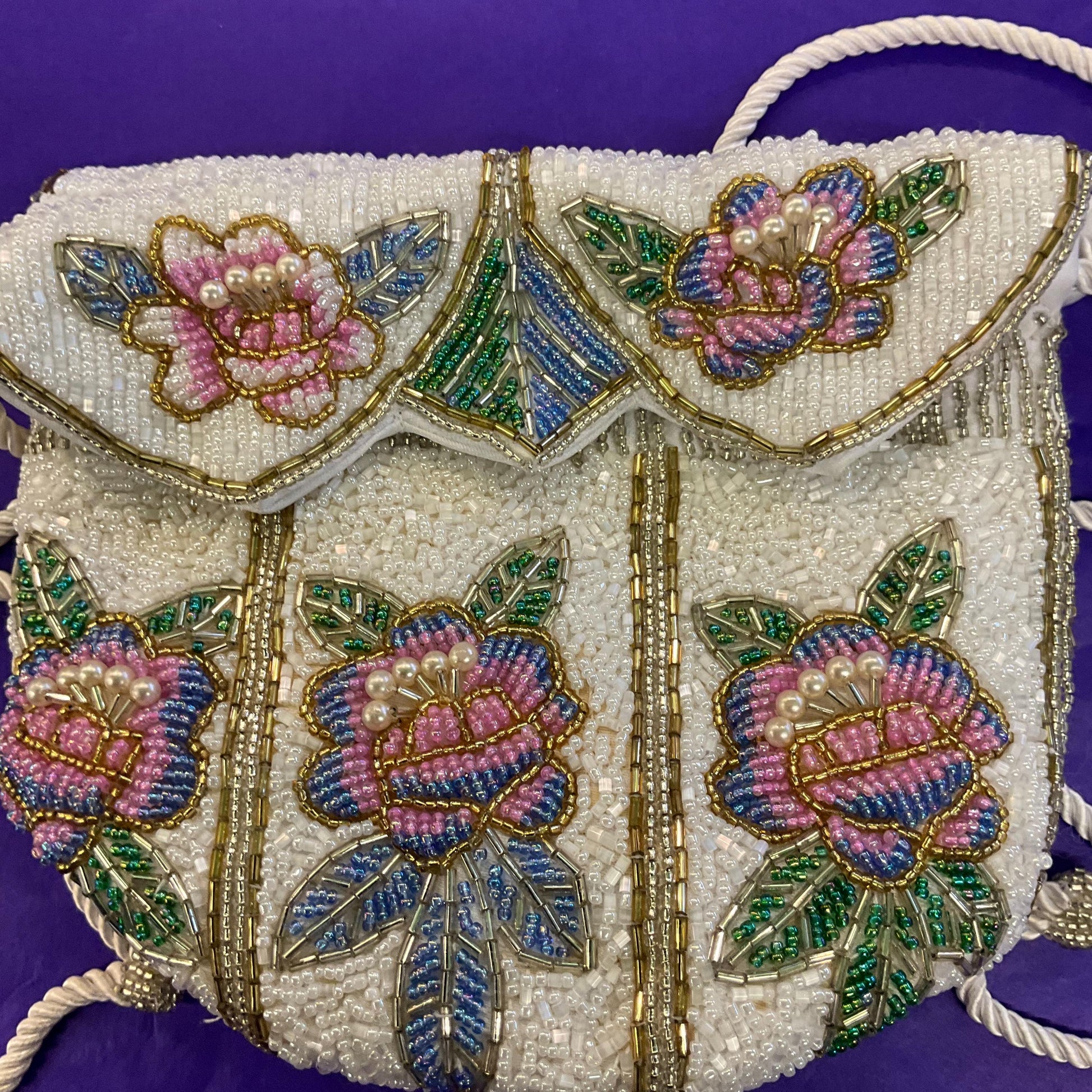 Vintage Beaded Floral Bucket Bag with Drawstring Shoulder Strap, Multicoloured Beads and Faux Pearls