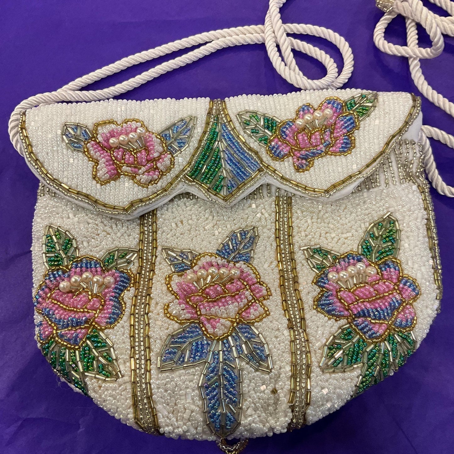 Vintage Beaded Floral Bucket Bag with Drawstring Shoulder Strap, Multicoloured Beads and Faux Pearls