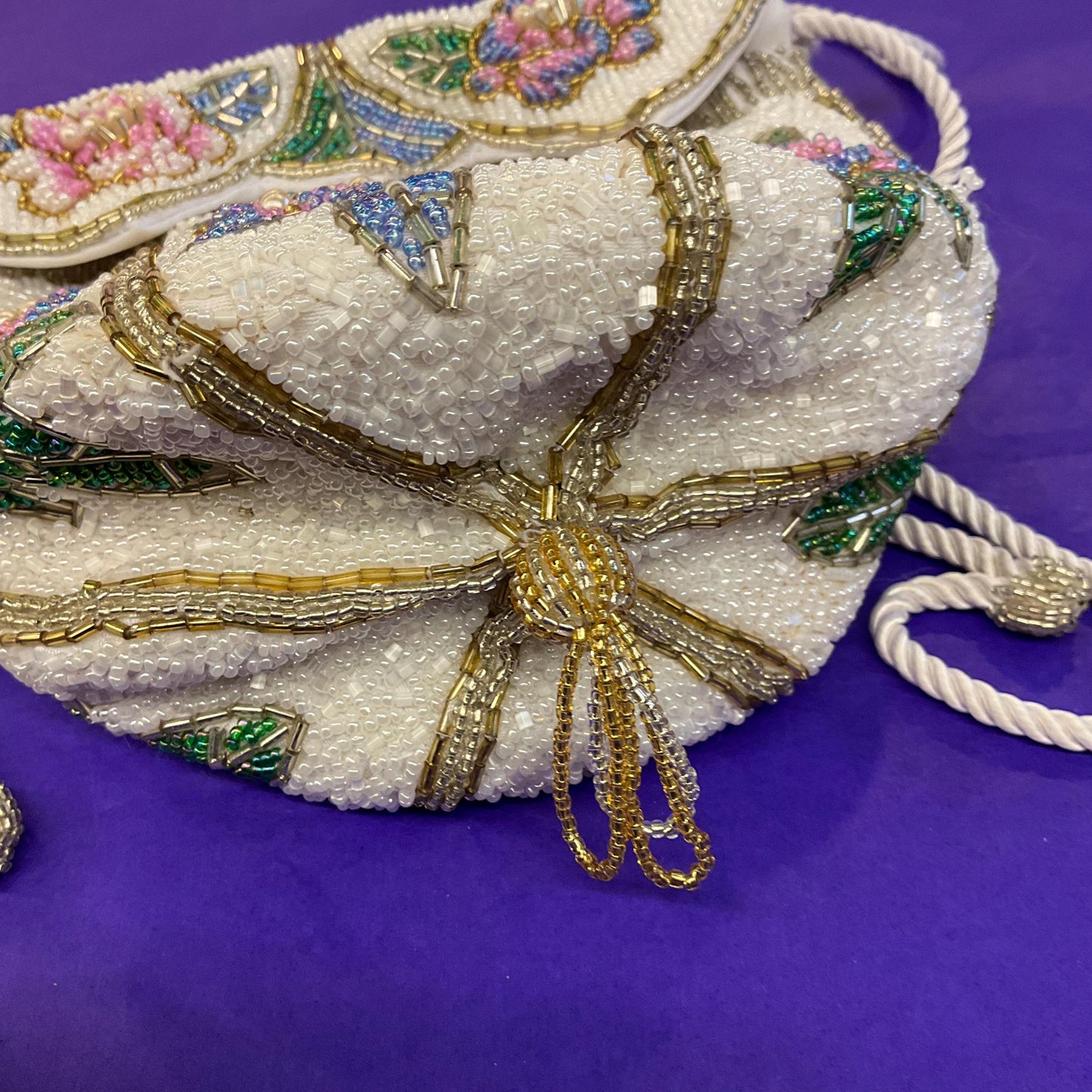 Vintage Beaded Floral Bucket Bag with Drawstring Shoulder Strap, Multicoloured Beads and Faux Pearls