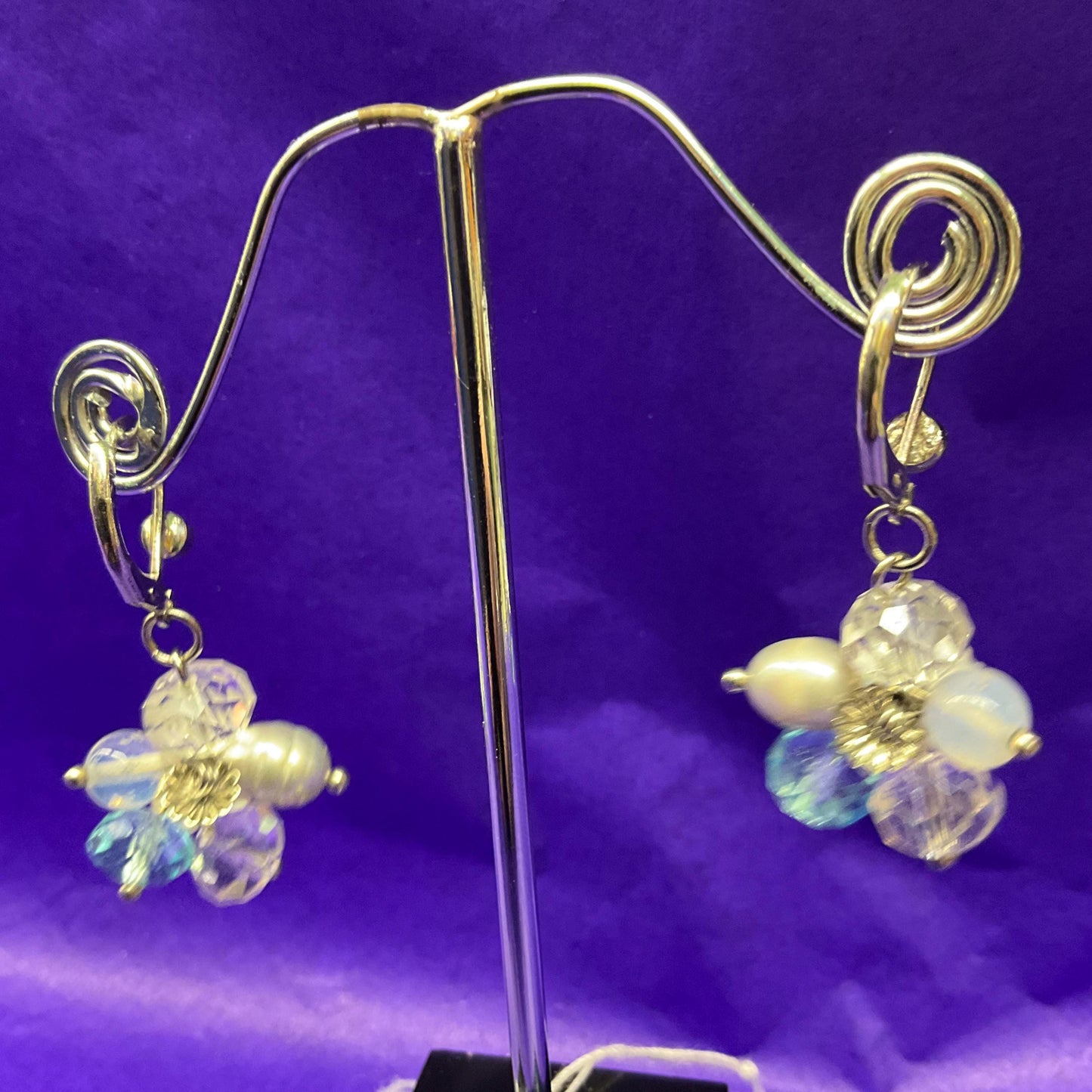 Vintage Butler and Wilson Crystal and Freshwater Pearl Floral Drop Earrings, Silver Tone with Turquoise and Rock Crystal