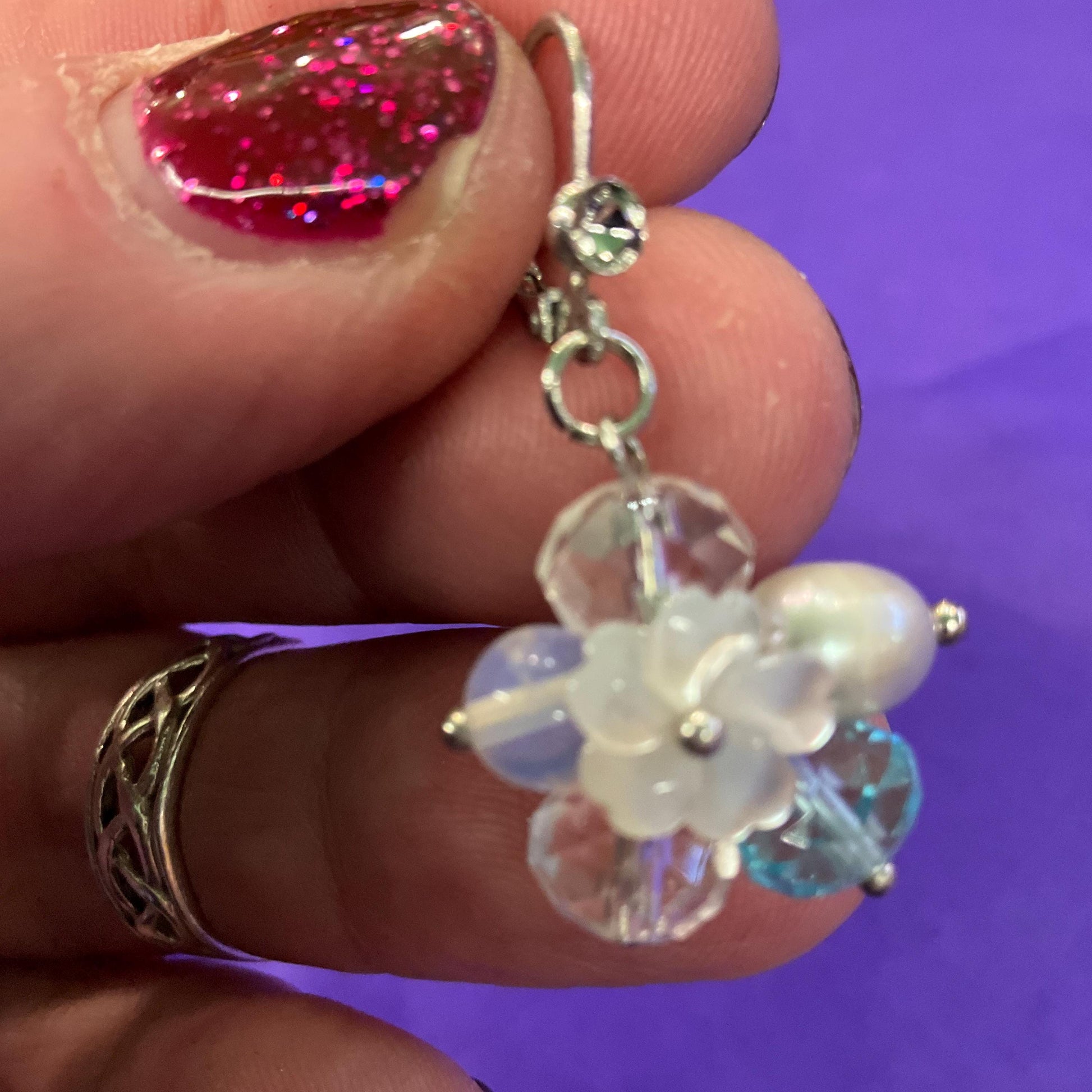 Vintage Butler and Wilson Crystal and Freshwater Pearl Floral Drop Earrings, Silver Tone with Turquoise and Rock Crystal