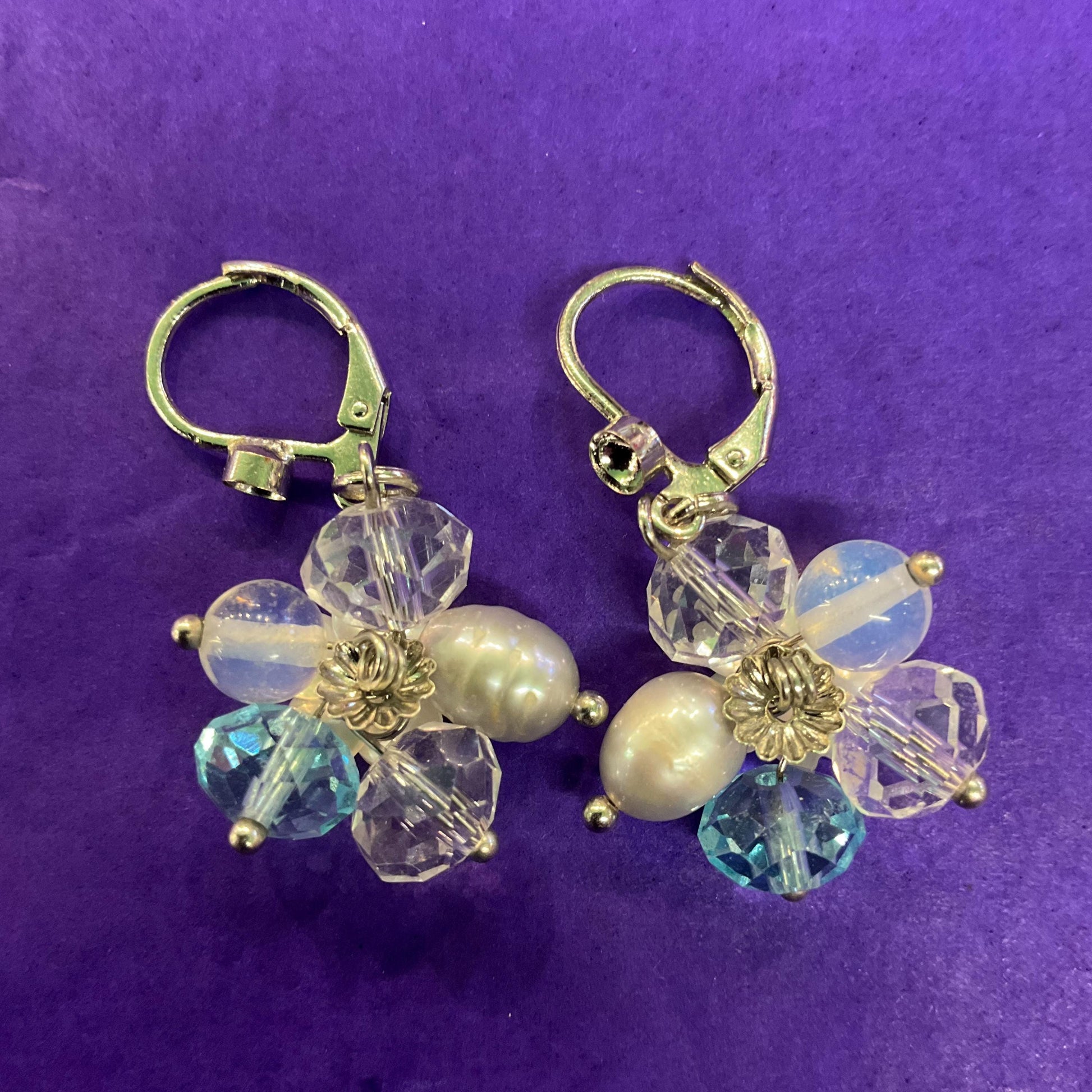 Vintage Butler and Wilson Crystal and Freshwater Pearl Floral Drop Earrings, Silver Tone with Turquoise and Rock Crystal