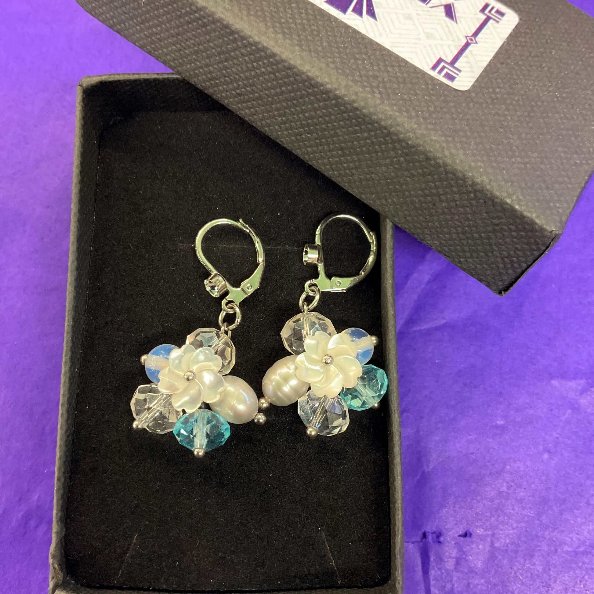 Vintage Butler and Wilson Crystal and Freshwater Pearl Floral Drop Earrings, Silver Tone with Turquoise and Rock Crystal