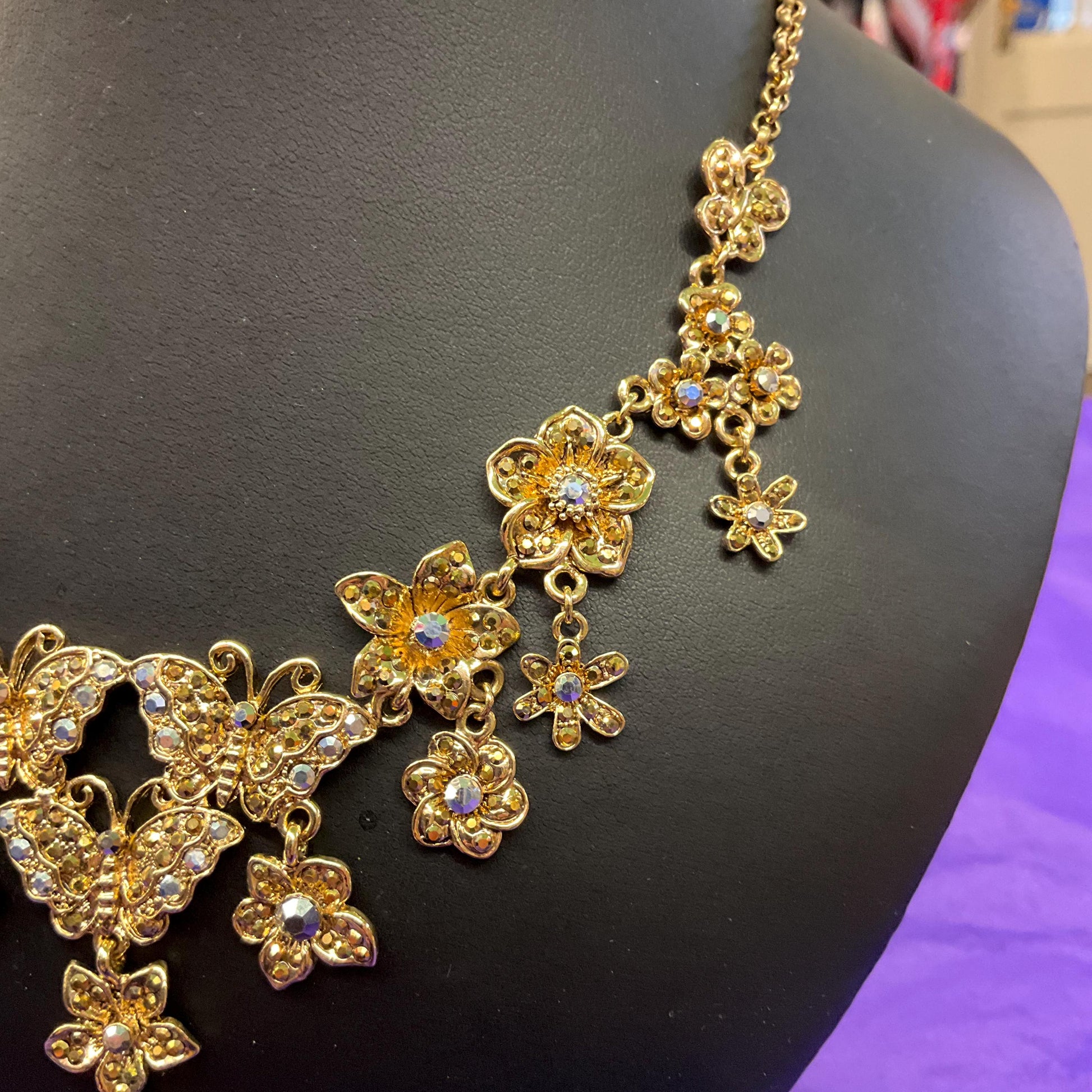 Vintage Butler and Wilson Statement Gold Tone and Borealis Crystal Butterfly and Flowers Y Drop Necklace