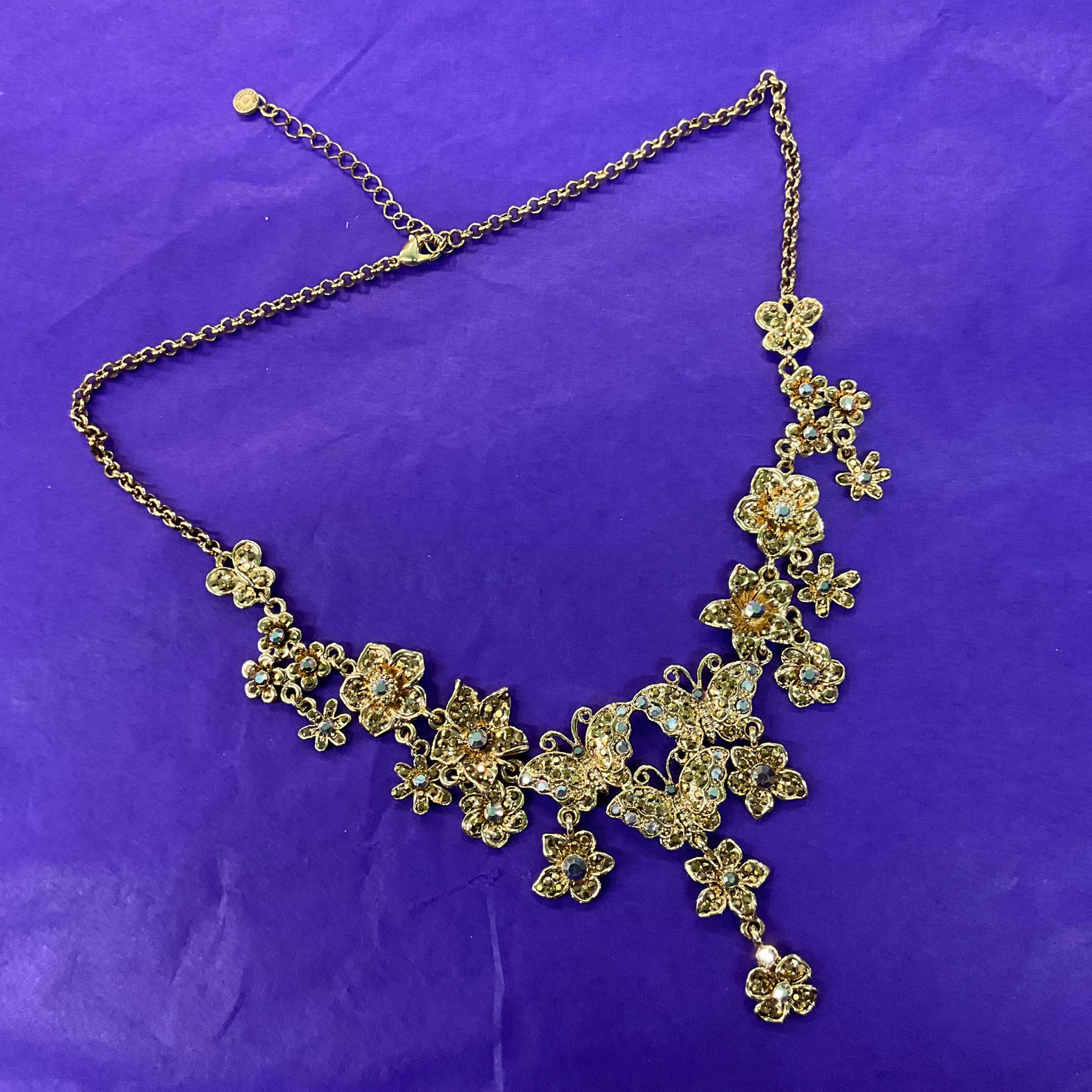 Vintage Butler and Wilson Statement Gold Tone and Borealis Crystal Butterfly and Flowers Y Drop Necklace