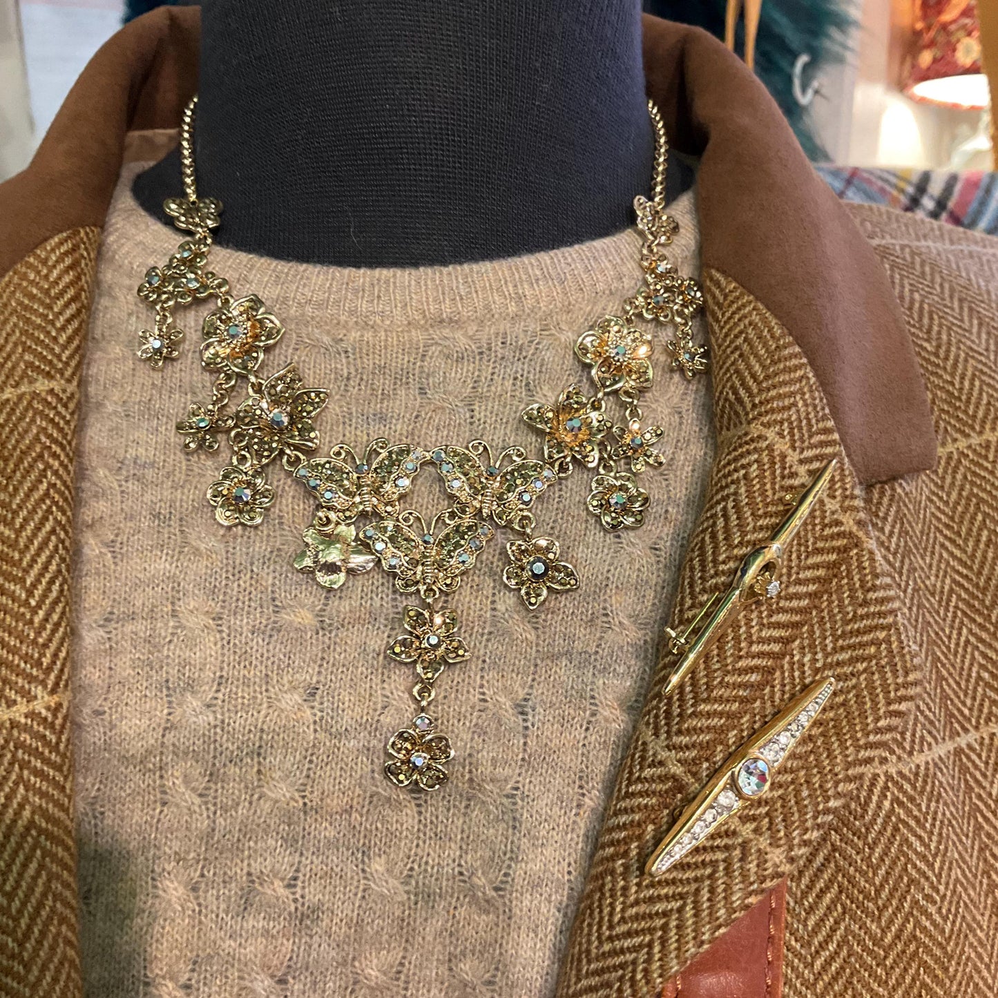 Vintage Butler and Wilson Statement Gold Tone and Borealis Crystal Butterfly and Flowers Y Drop Necklace