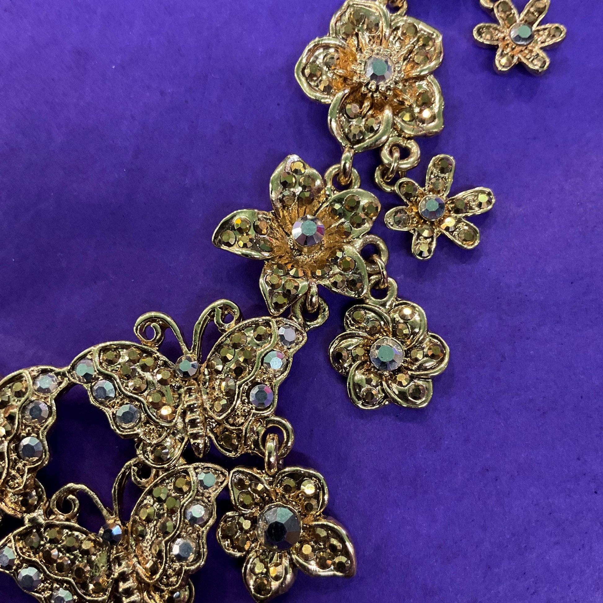 Vintage Butler and Wilson Statement Gold Tone and Borealis Crystal Butterfly and Flowers Y Drop Necklace