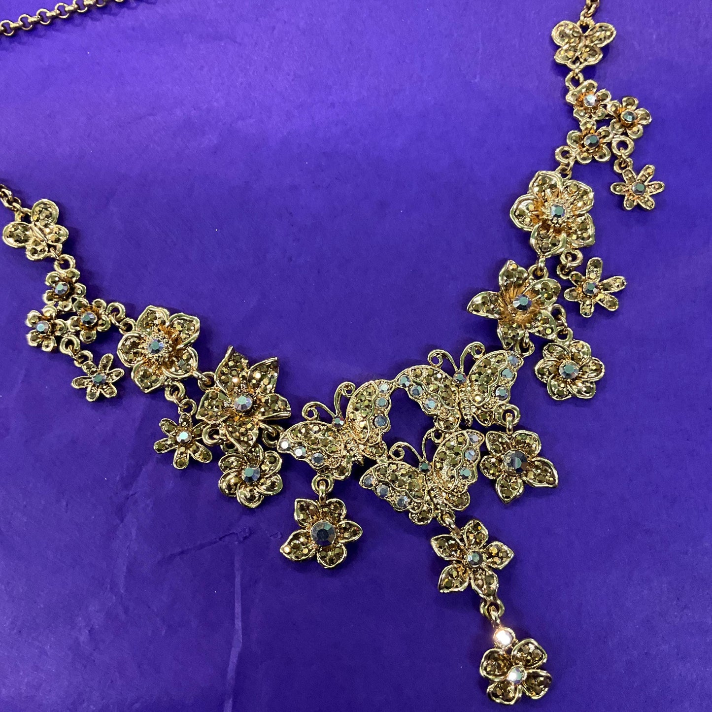 Vintage Butler and Wilson Statement Gold Tone and Borealis Crystal Butterfly and Flowers Y Drop Necklace