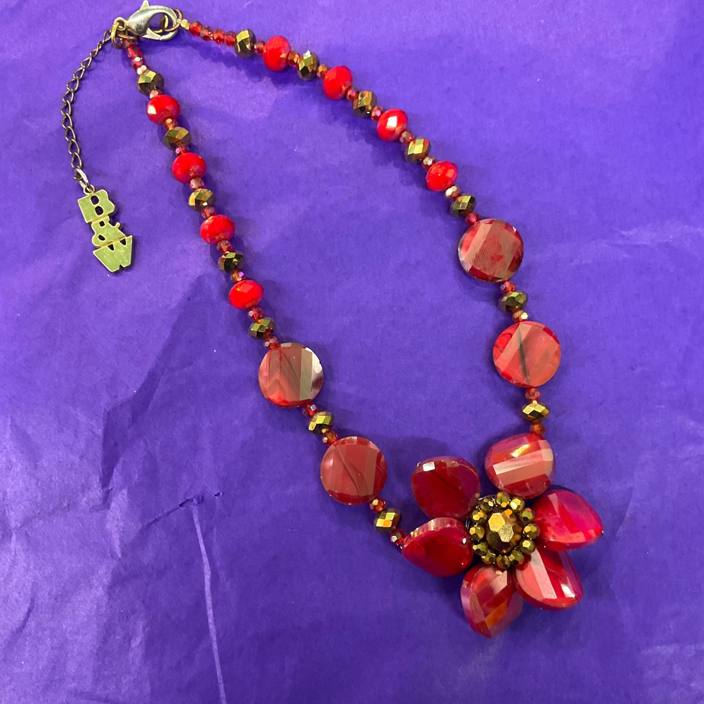Vintage Butler and Wilson Statement Red and Gold Borealis Crystal Large Flower Necklace
