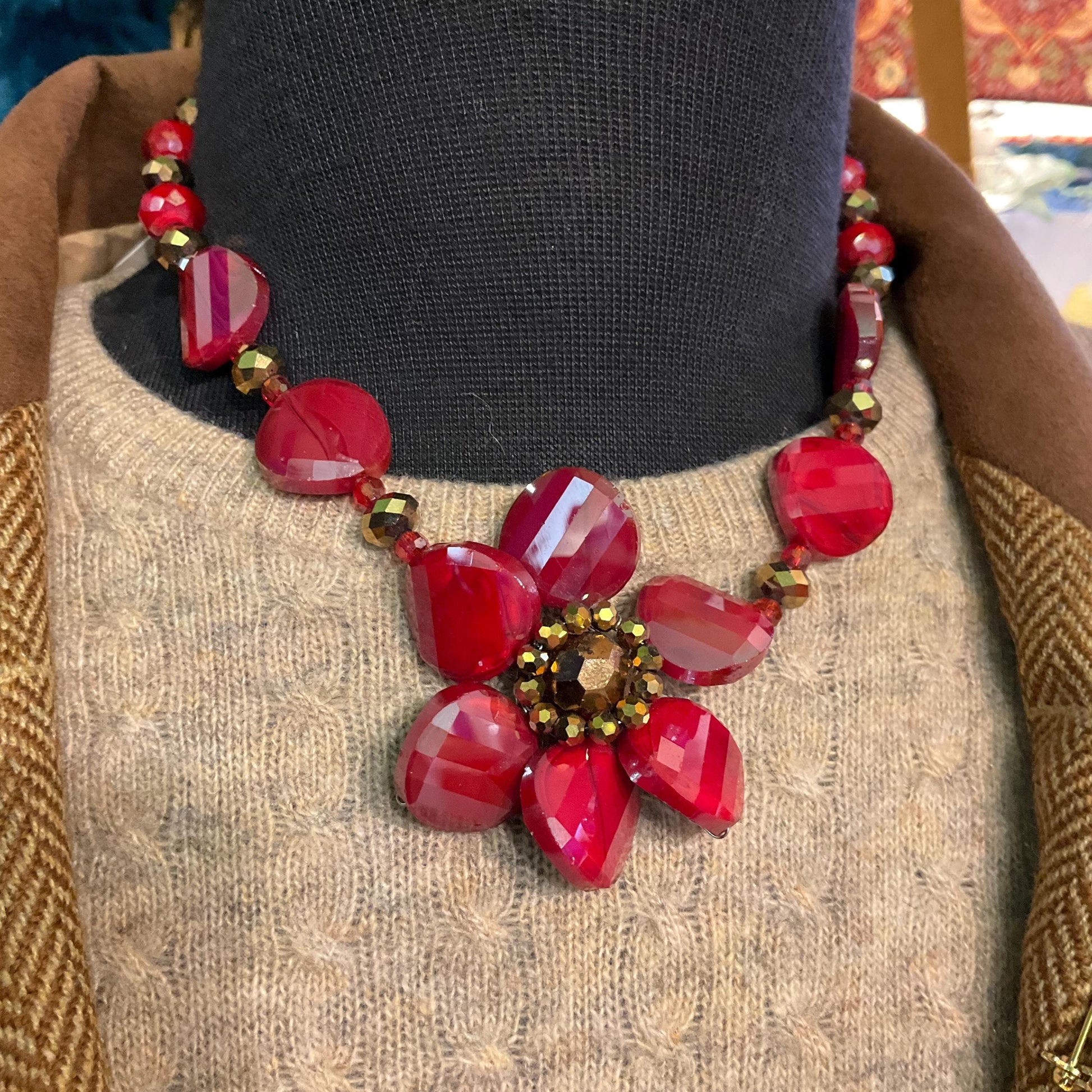 Vintage Butler and Wilson Statement Red and Gold Borealis Crystal Large Flower Necklace