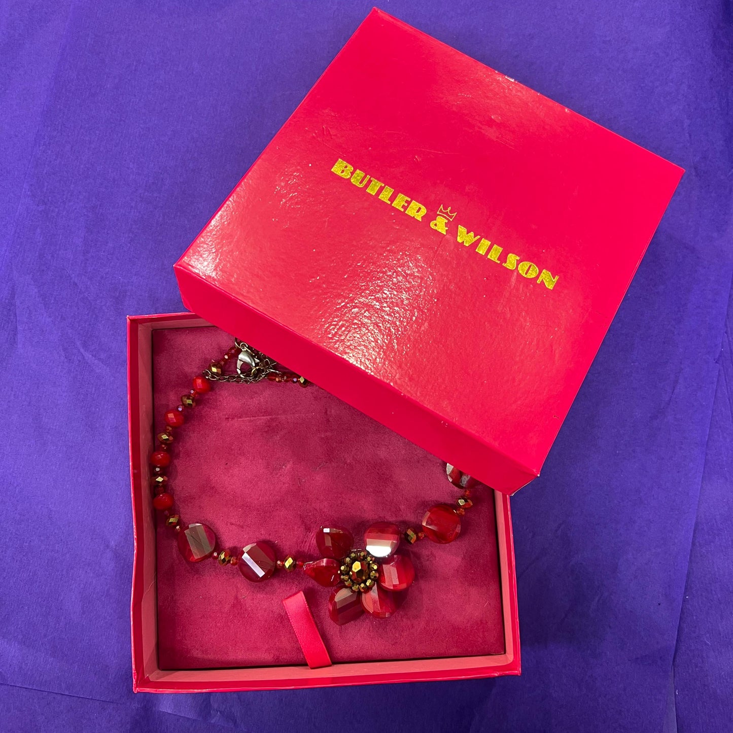 Vintage Butler and Wilson Statement Red and Gold Borealis Crystal Large Flower Necklace