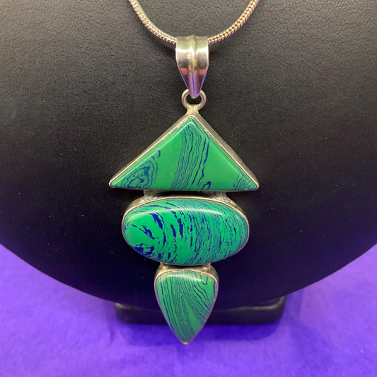 Vintage Art Deco Inspired Artisan Geometric Silver and Malachite Large Pendant , Hand Made