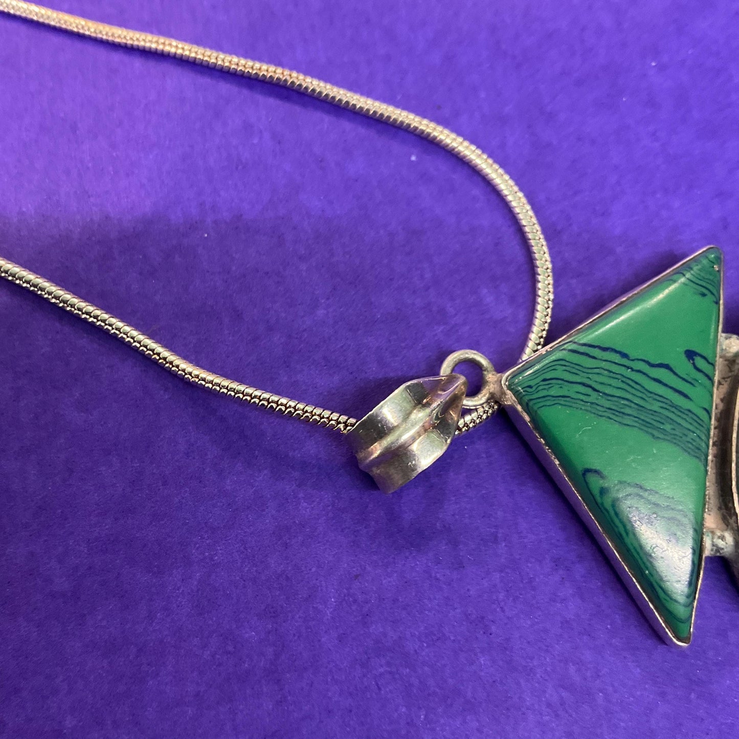 Vintage Art Deco Inspired Artisan Geometric Silver and Malachite Large Pendant , Hand Made