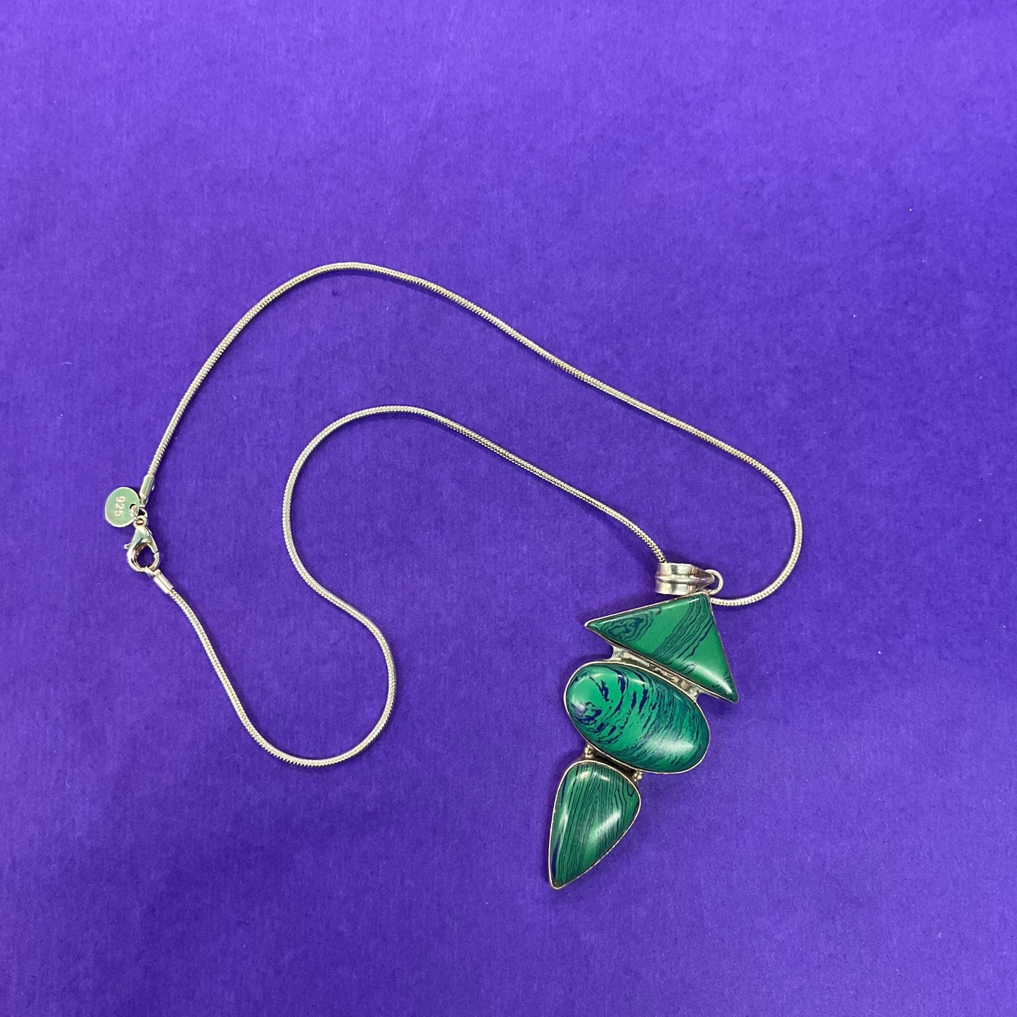 Vintage Art Deco Inspired Artisan Geometric Silver and Malachite Large Pendant , Hand Made
