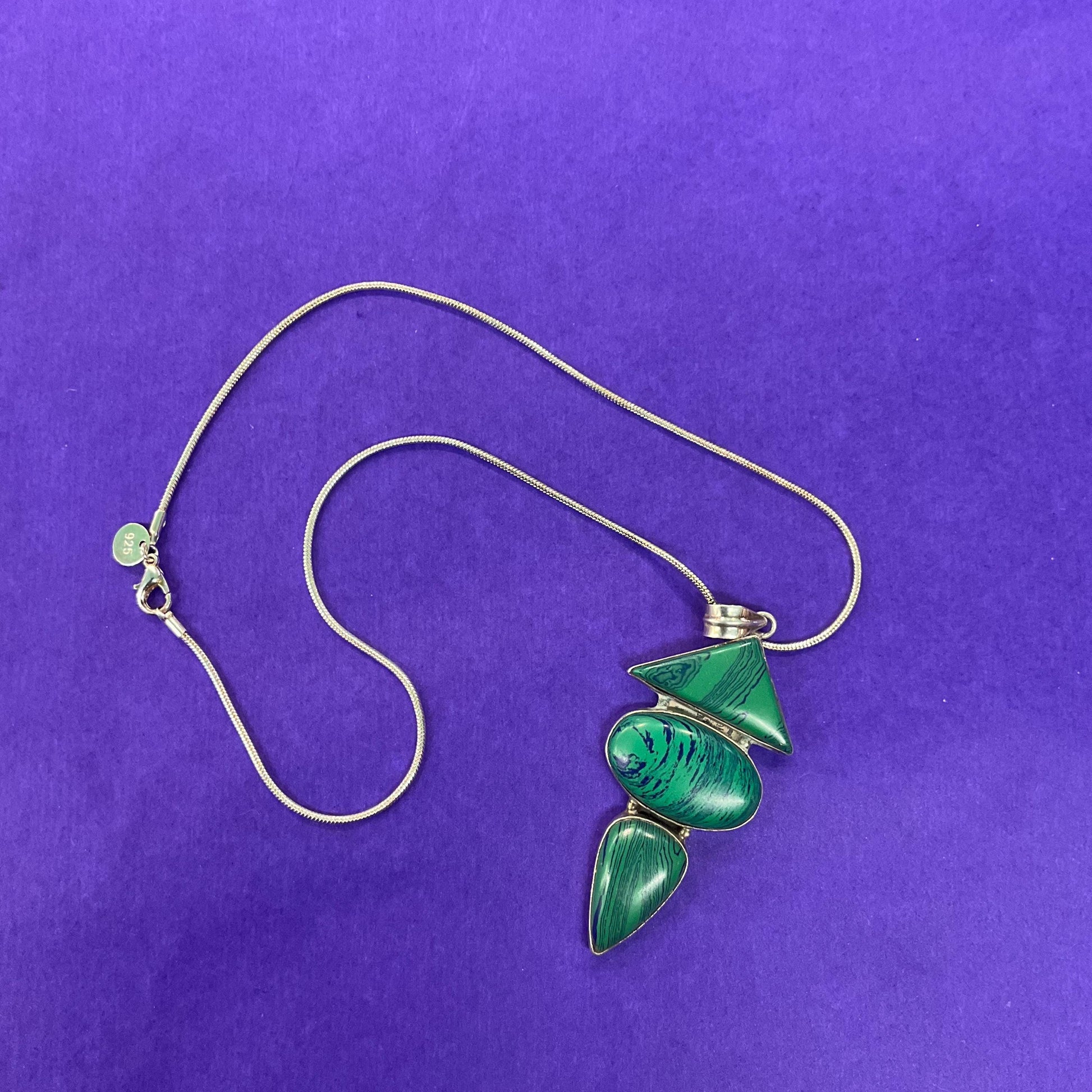 Vintage Art Deco Inspired Artisan Geometric Silver and Malachite Large Pendant , Hand Made