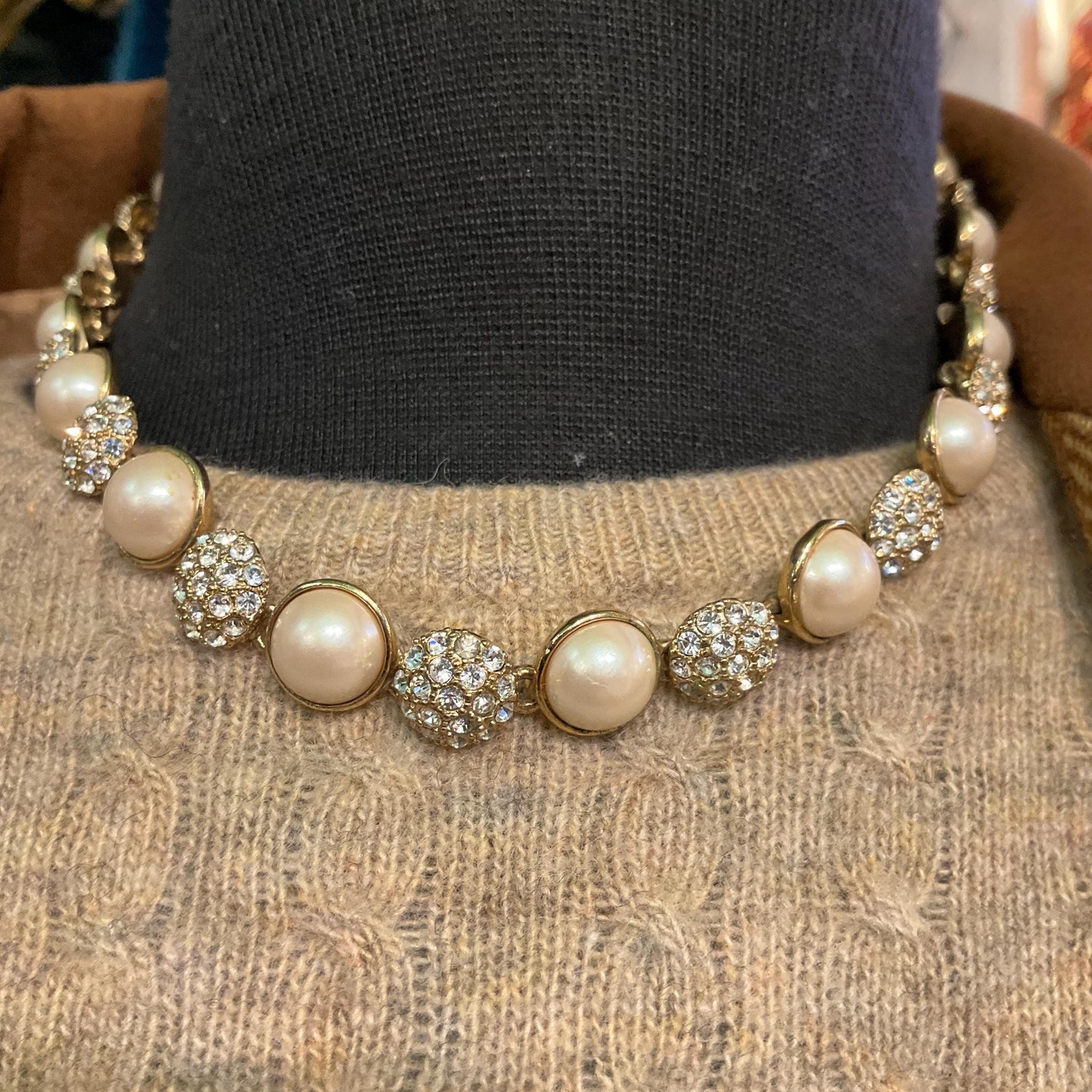 Vintage 1980s Monet Faux Pearl and Crystal Statement Necklace, Gold Tone with Silver Rhinestones