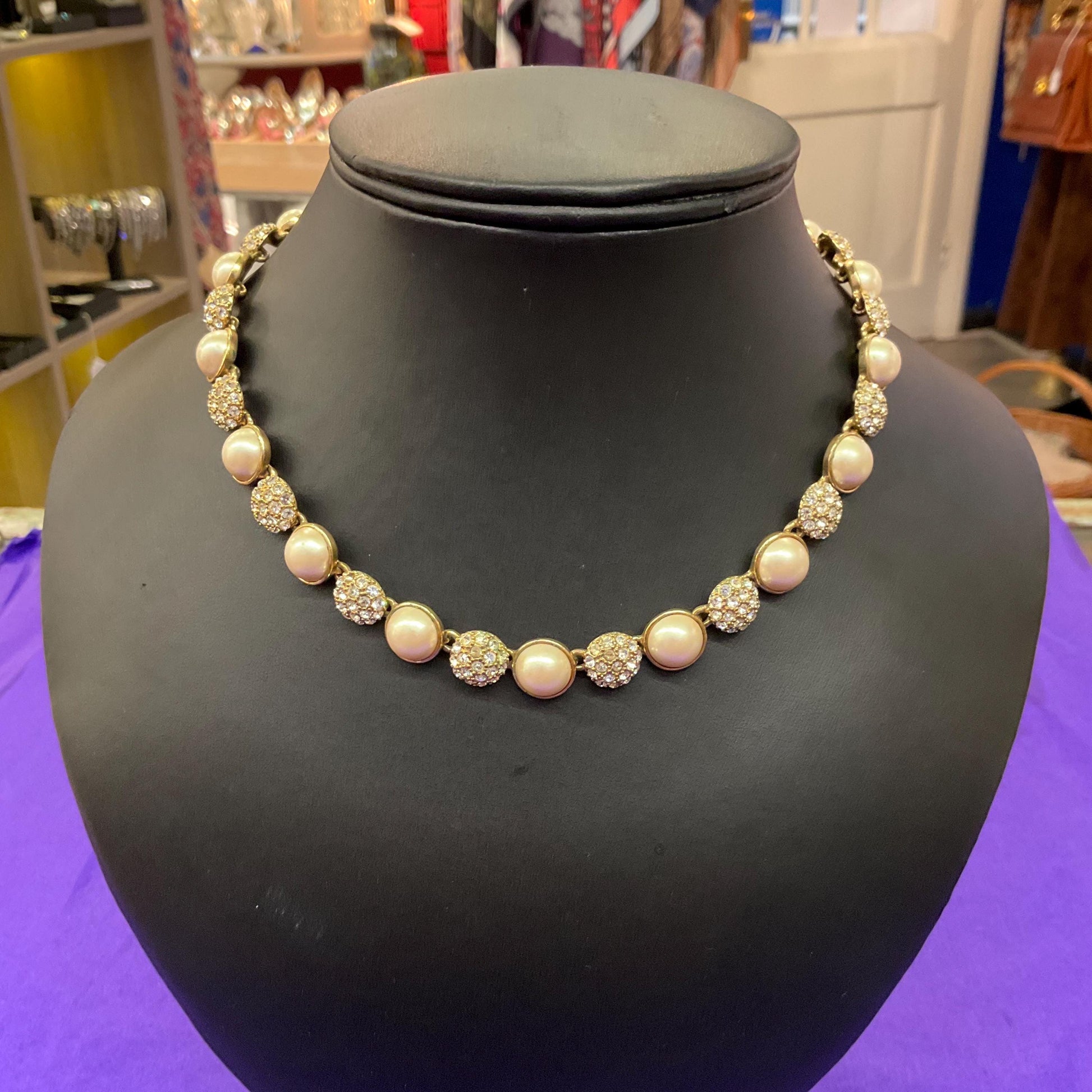 Vintage 1980s Monet Faux Pearl and Crystal Statement Necklace, Gold Tone with Silver Rhinestones