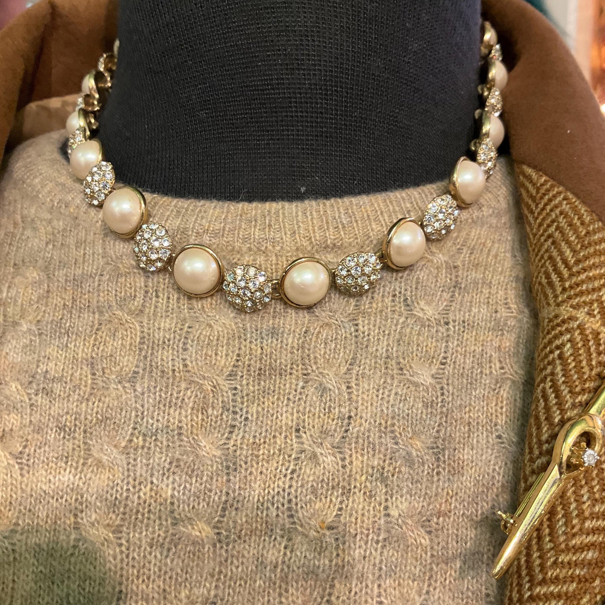 Vintage 1980s Monet Faux Pearl and Crystal Statement Necklace, Gold Tone with Silver Rhinestones
