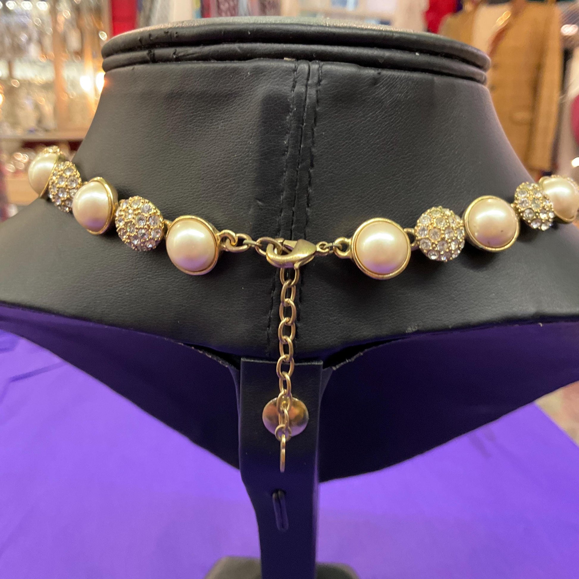 Vintage 1980s Monet Faux Pearl and Crystal Statement Necklace, Gold Tone with Silver Rhinestones