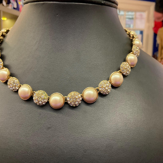 Vintage 1980s Monet Faux Pearl and Crystal Statement Necklace, Gold Tone with Silver Rhinestones