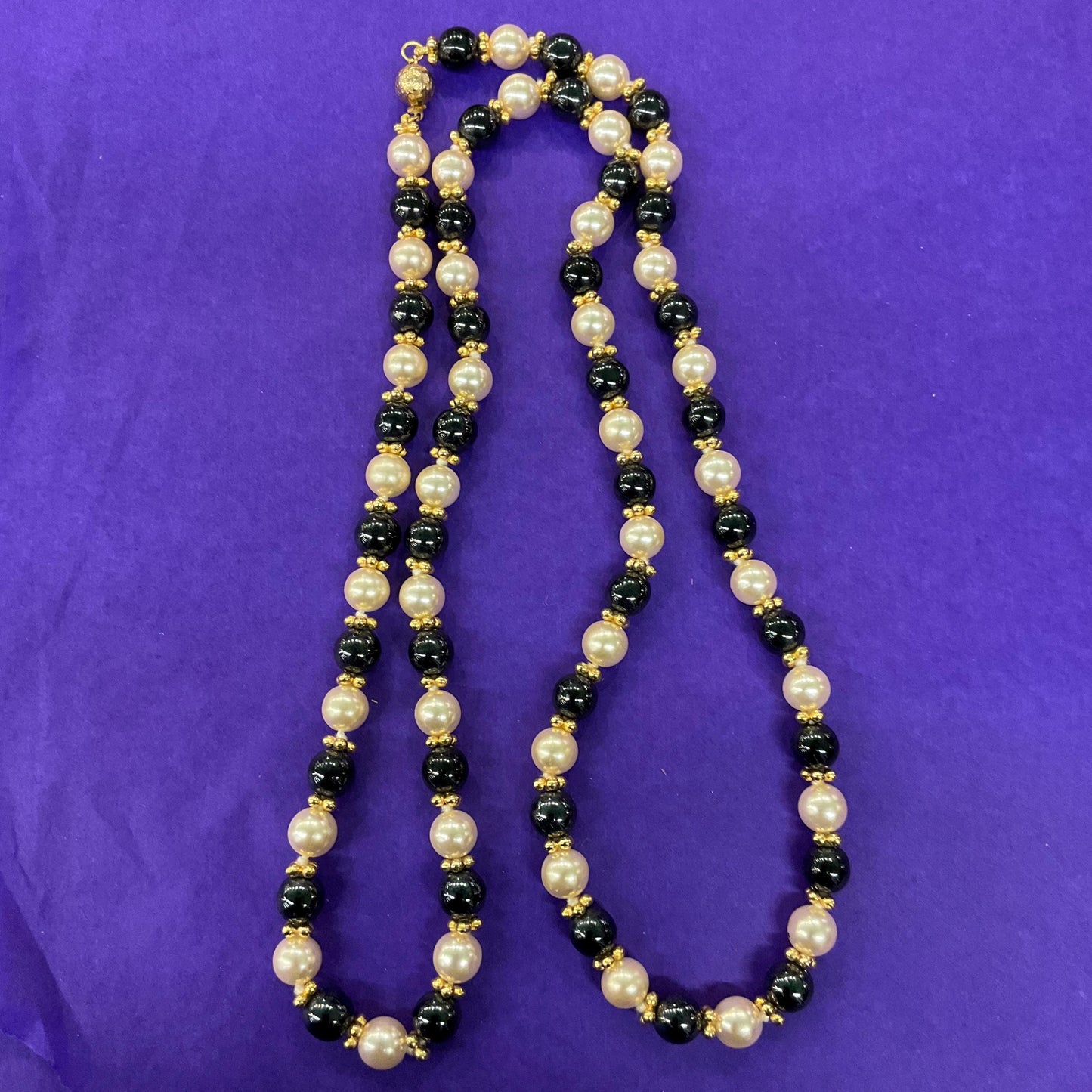 Vintage 1980s Hematite and Faux Pearl Opera Length Beaded Necklace