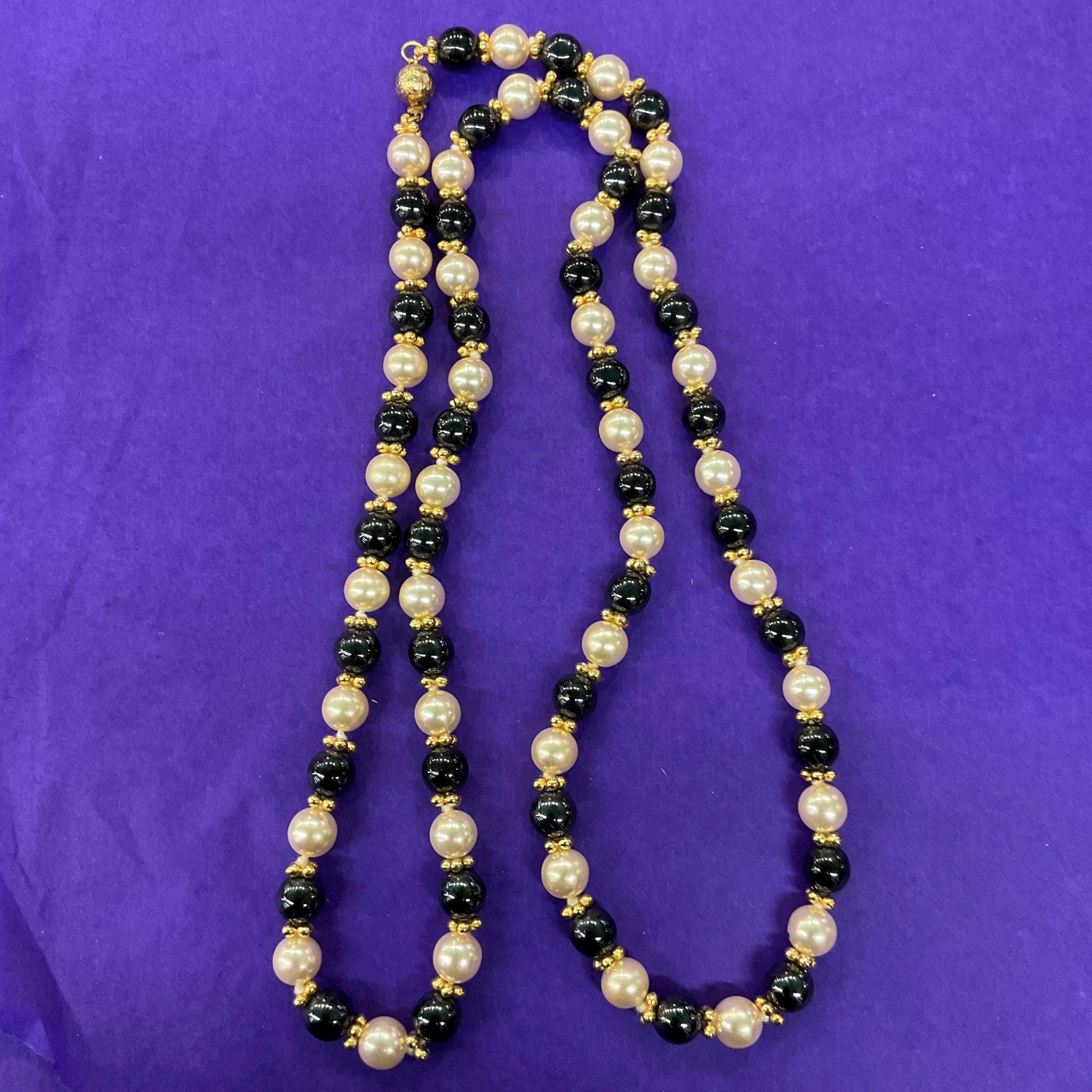 Vintage 1980s Hematite and Faux Pearl Opera Length Beaded Necklace