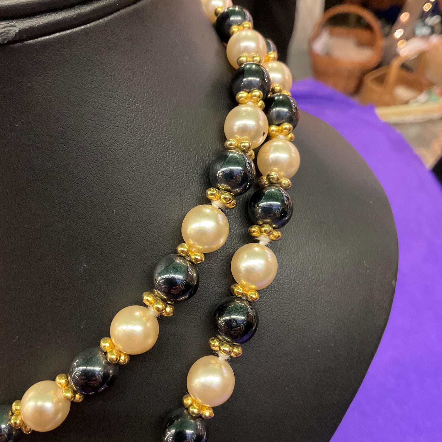 Vintage 1980s Hematite and Faux Pearl Opera Length Beaded Necklace