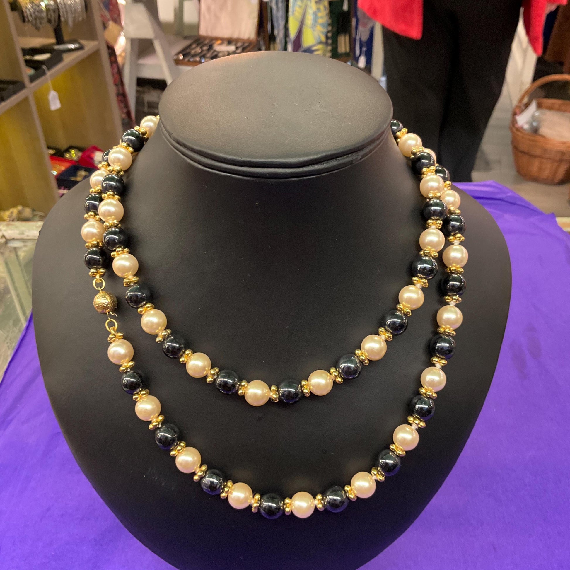 Vintage 1980s Hematite and Faux Pearl Opera Length Beaded Necklace