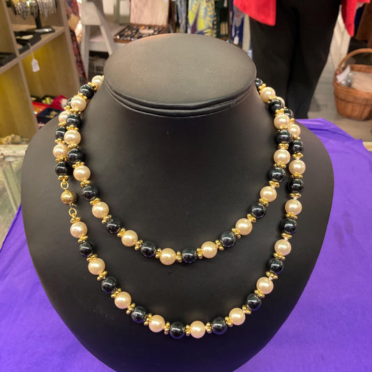 Vintage 1980s Hematite and Faux Pearl Opera Length Beaded Necklace