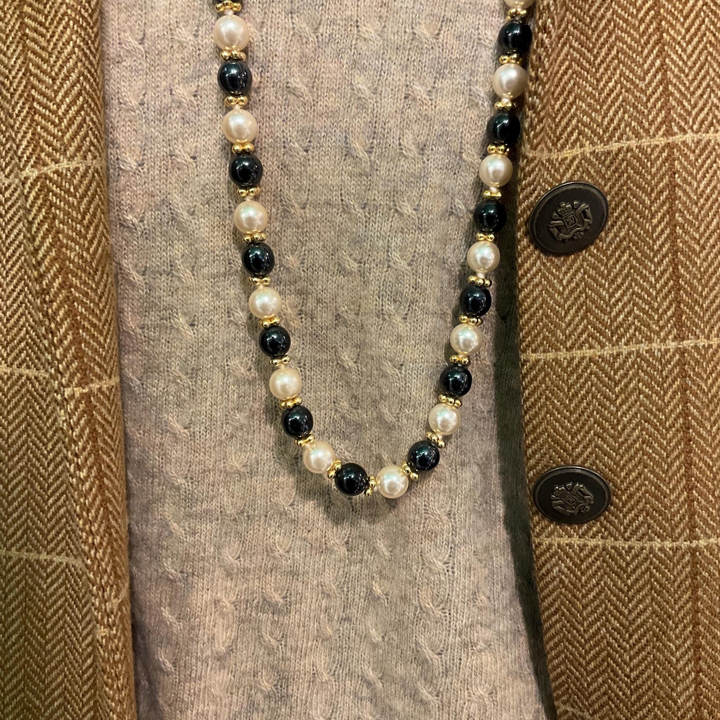 Vintage 1980s Hematite and Faux Pearl Opera Length Beaded Necklace