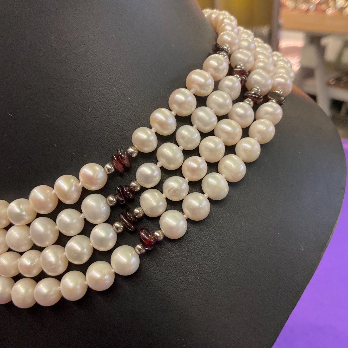 Vintage Ivory Fresh Water And Garnet Multistrand Beaded Necklace, hand knotted organic pearls