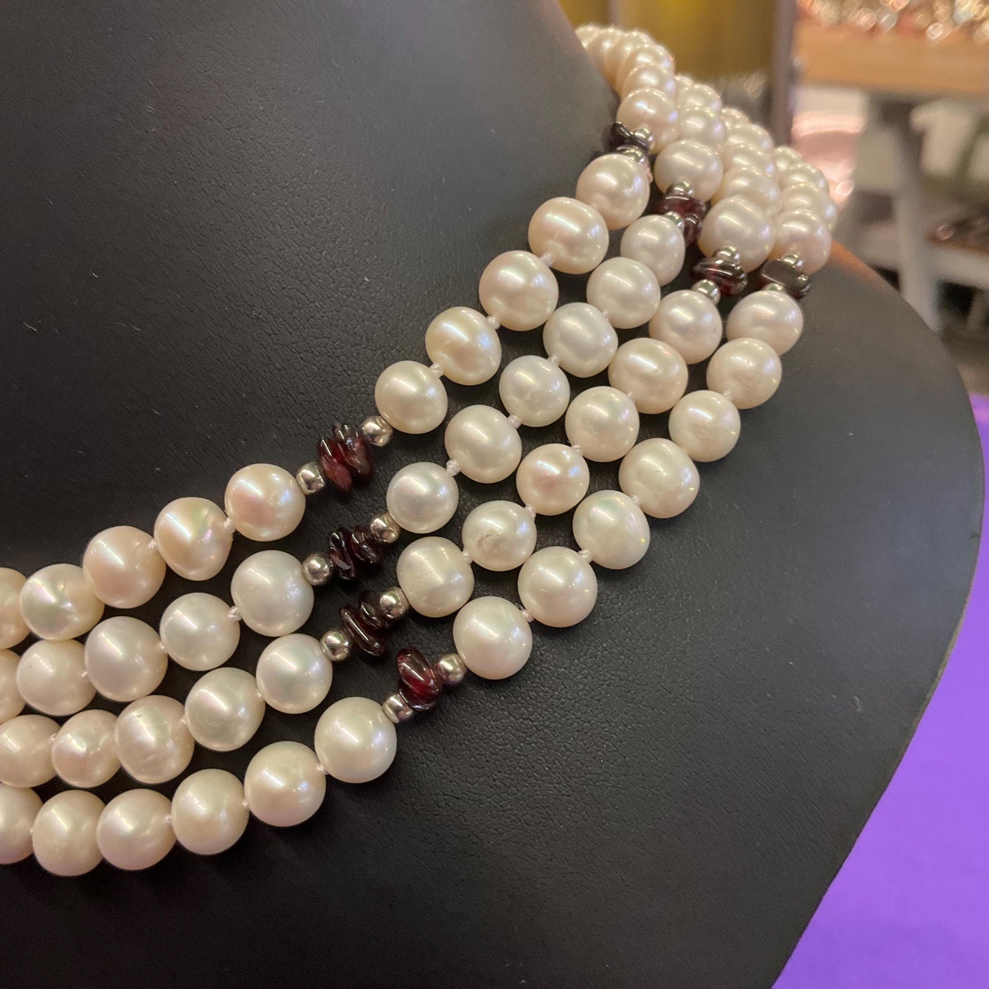 Vintage Ivory Fresh Water And Garnet Multistrand Beaded Necklace, hand knotted organic pearls