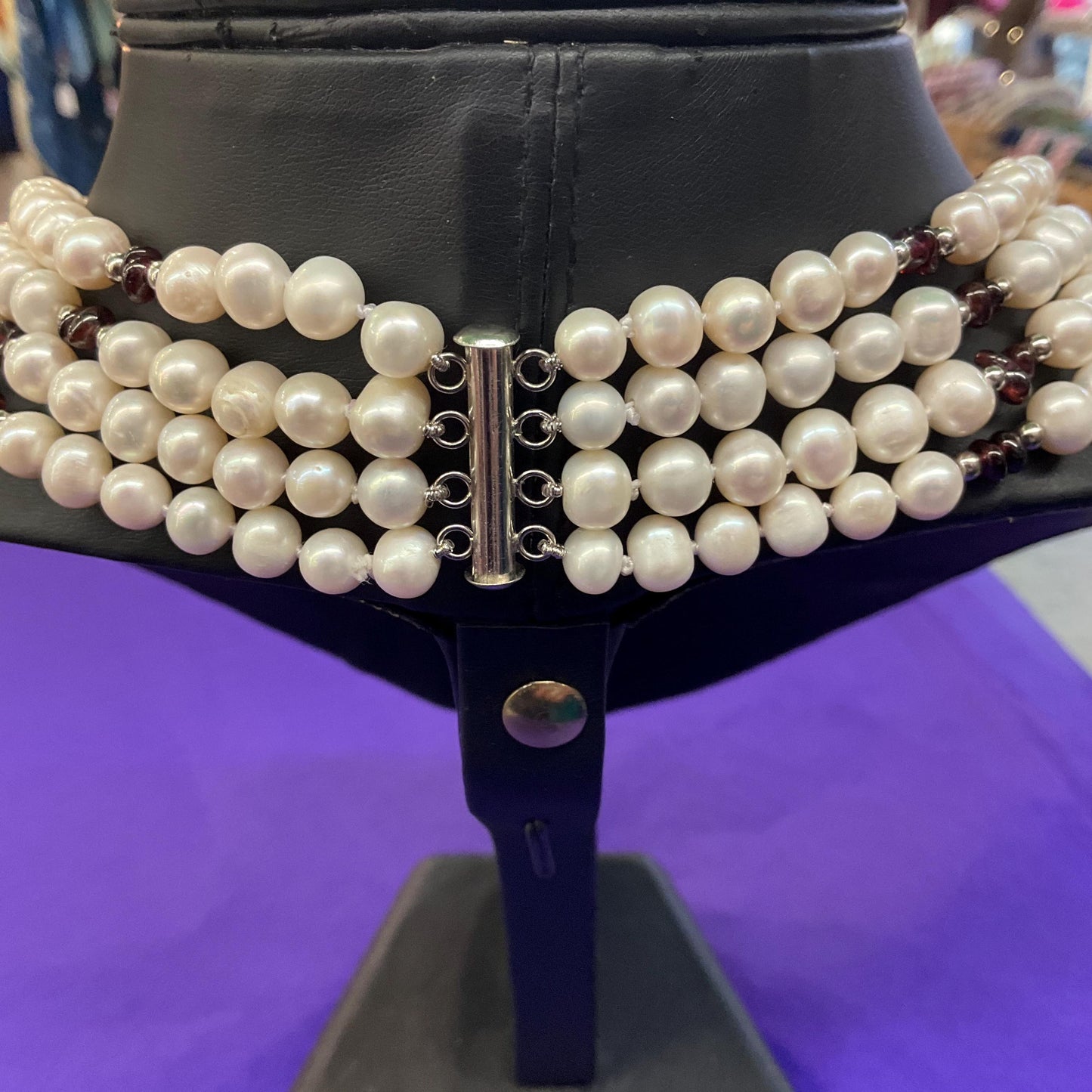 Vintage Ivory Fresh Water And Garnet Multistrand Beaded Necklace, hand knotted organic pearls