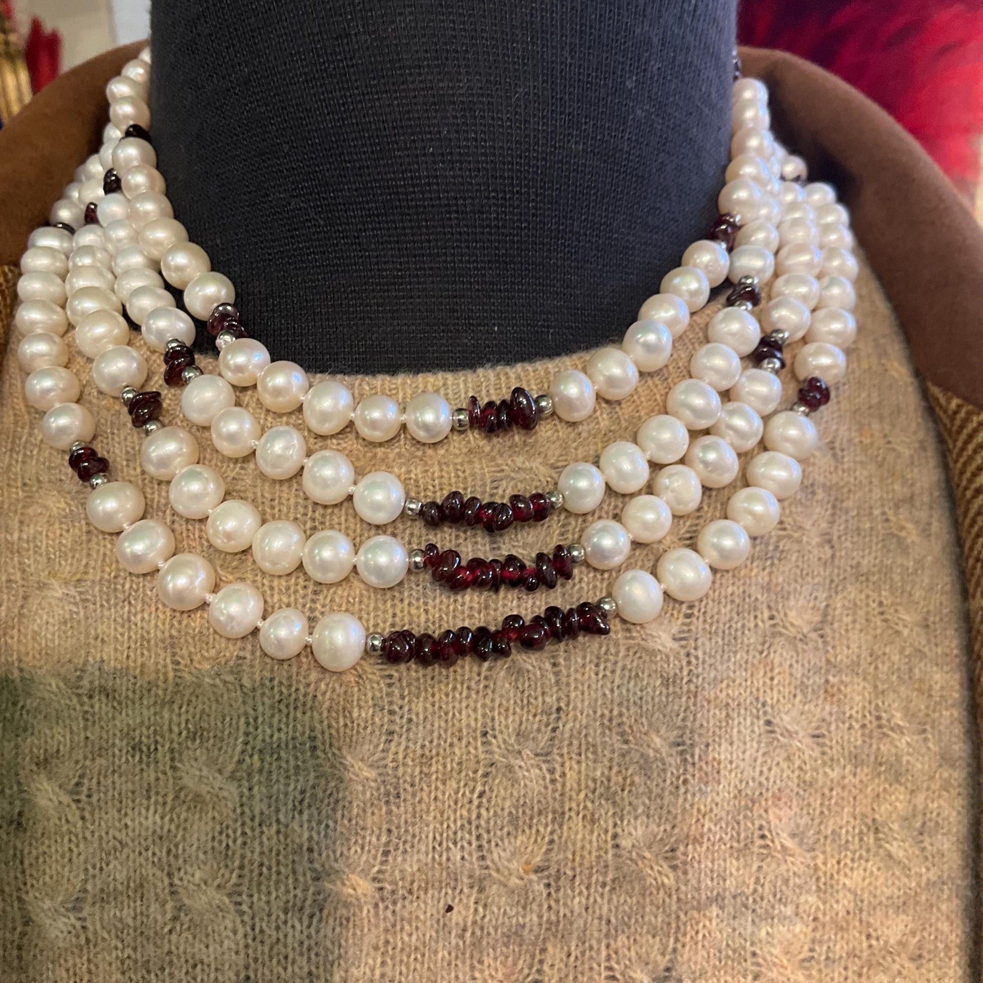 Vintage Ivory Fresh Water And Garnet Multistrand Beaded Necklace, hand knotted organic pearls