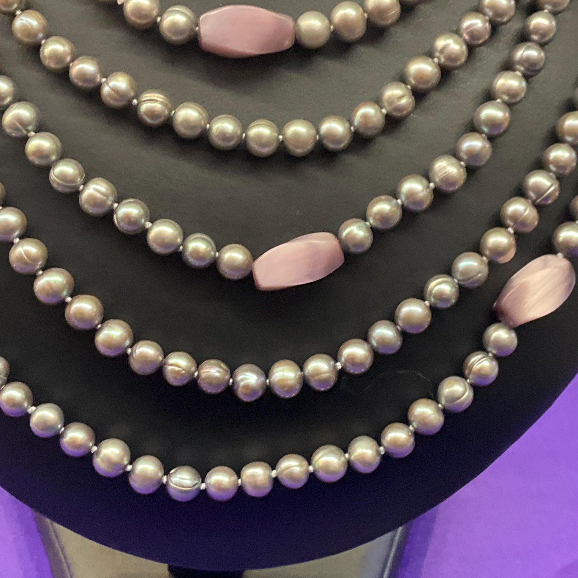 Vintage Statement Multistrand Fresh Water Organic Pearl and Milk Glass Necklace, Silver, plate pink and purple tones