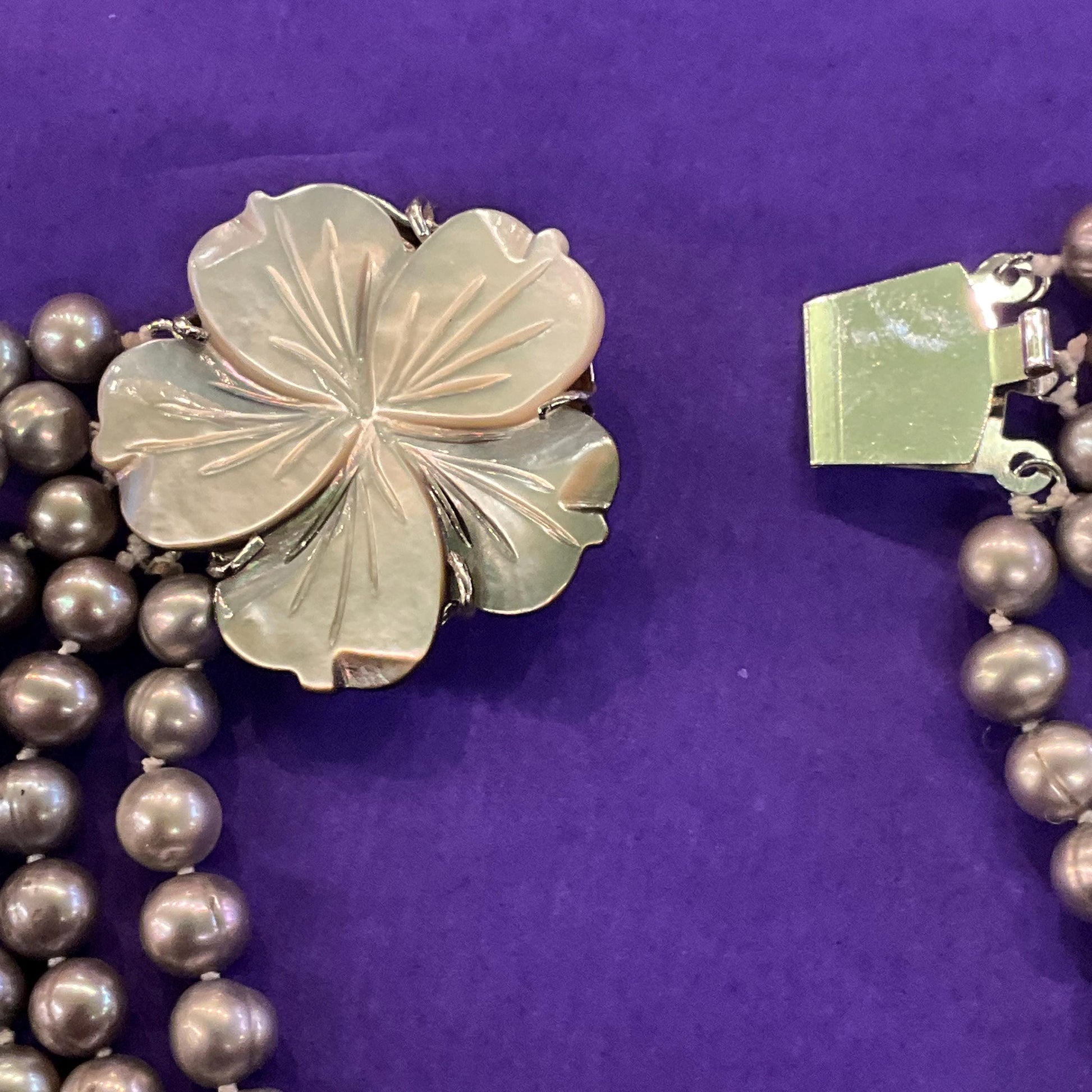 Vintage Statement Multistrand Fresh Water Organic Pearl and Milk Glass Necklace, Silver, plate pink and purple tones