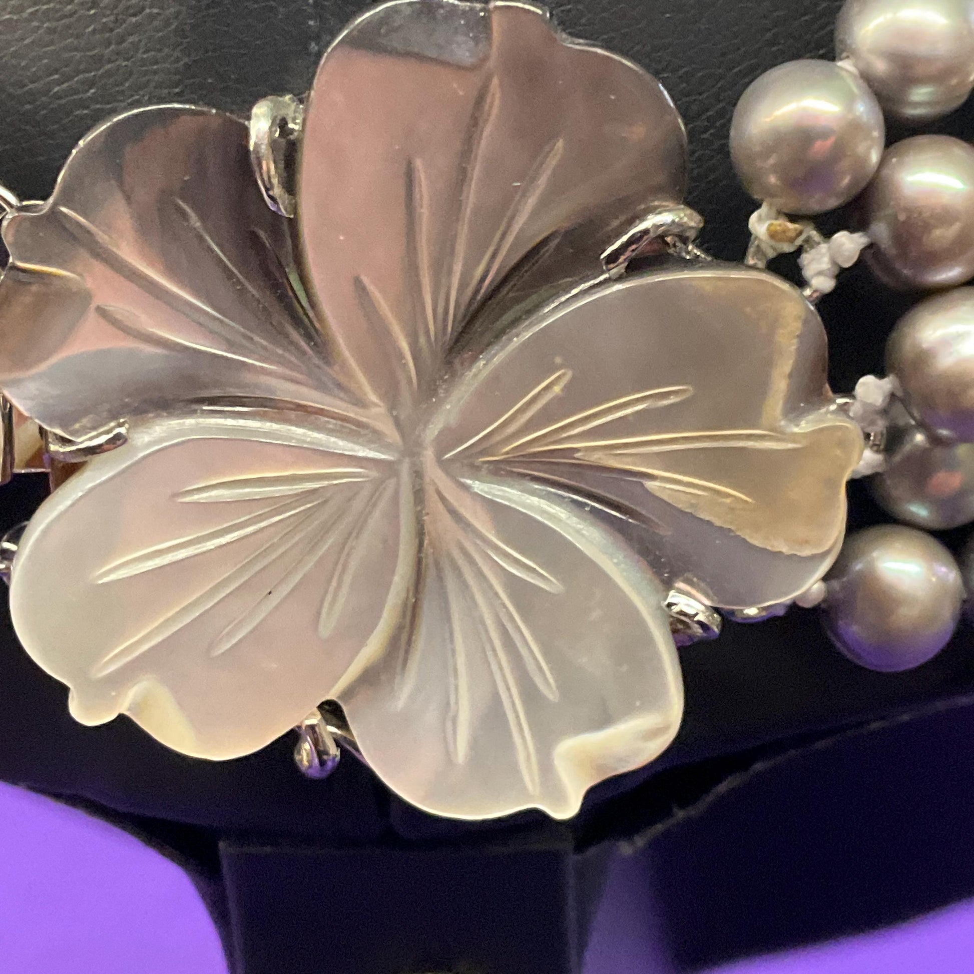 Vintage Statement Multistrand Fresh Water Organic Pearl and Milk Glass Necklace, Silver, plate pink and purple tones