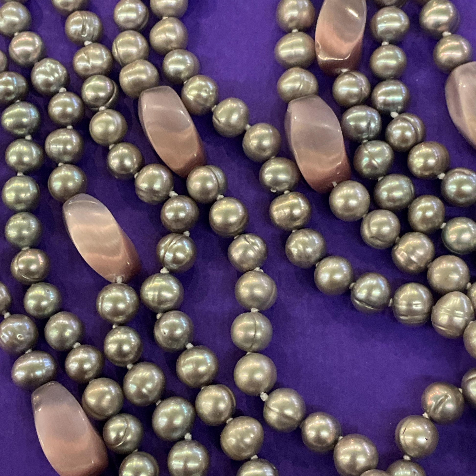 Vintage Statement Multistrand Fresh Water Organic Pearl and Milk Glass Necklace, Silver, plate pink and purple tones