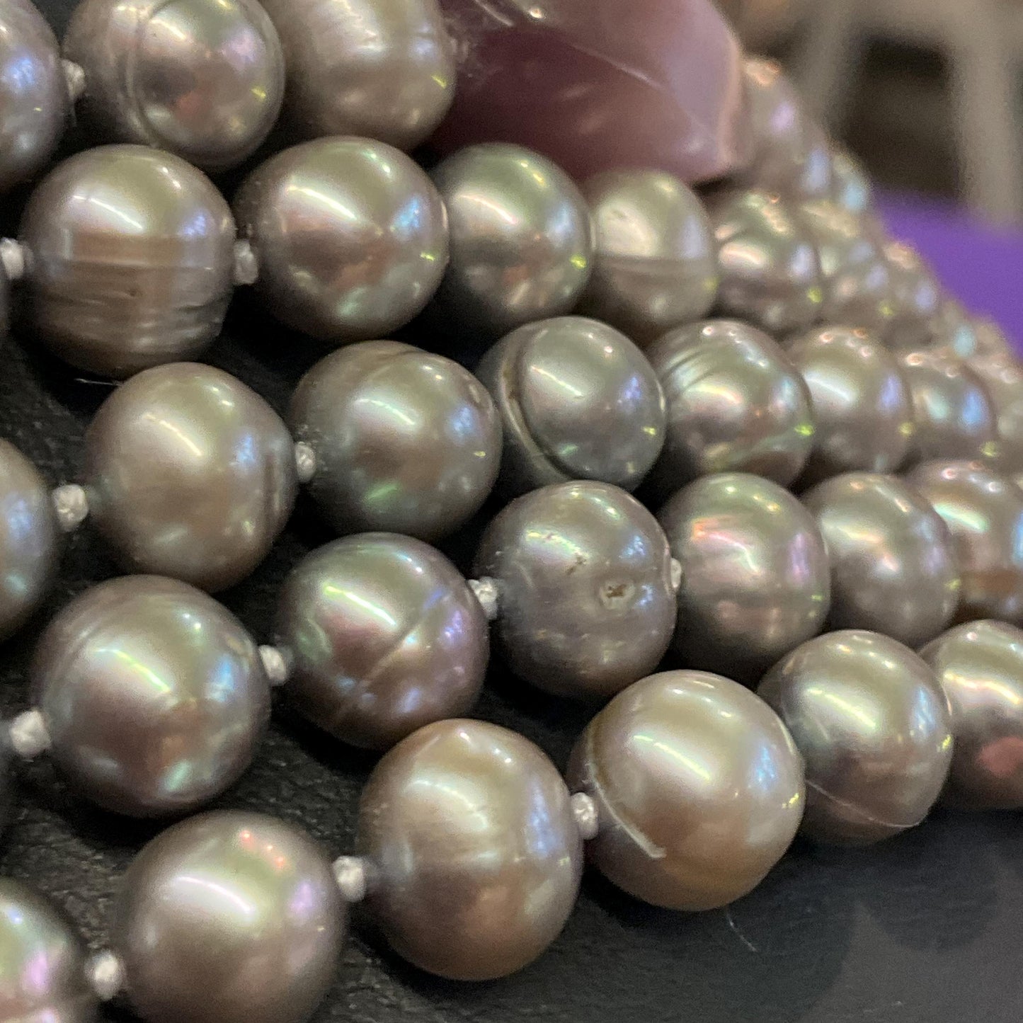 Vintage Statement Multistrand Fresh Water Organic Pearl and Milk Glass Necklace, Silver, plate pink and purple tones
