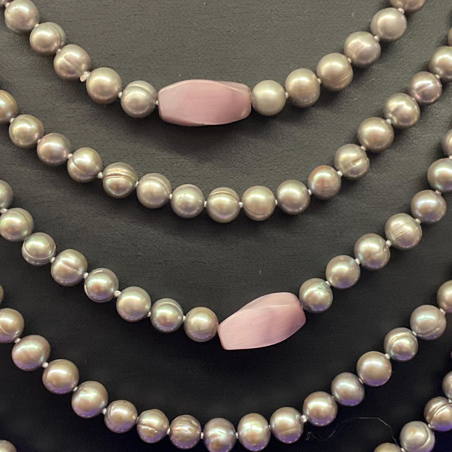 Vintage Statement Multistrand Fresh Water Organic Pearl and Milk Glass Necklace, Silver, plate pink and purple tones