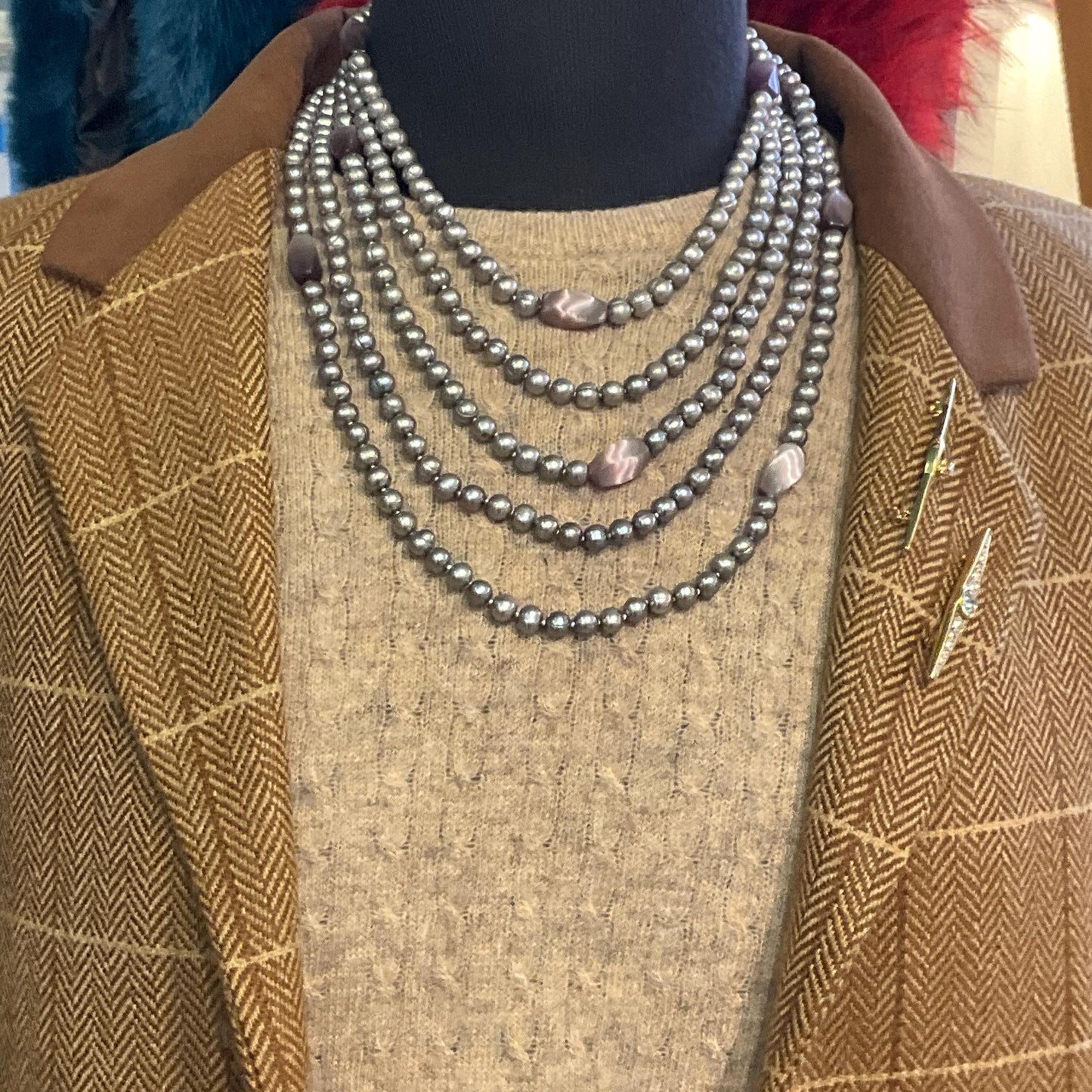 Vintage Statement Multistrand Fresh Water Organic Pearl and Milk Glass Necklace, Silver, plate pink and purple tones