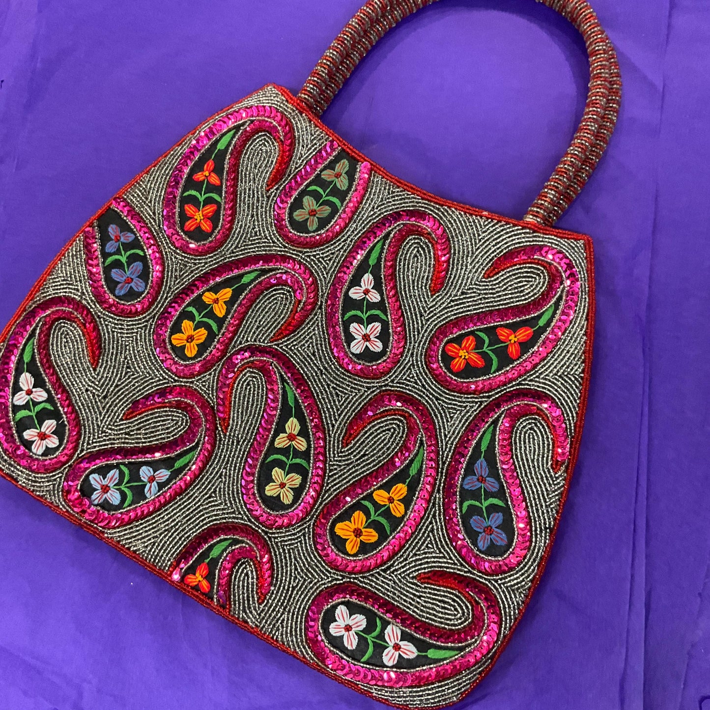 Vintage Large Beaded and Embroidered Floral Paisley Festival Chic Handbag, pink and silver decoration