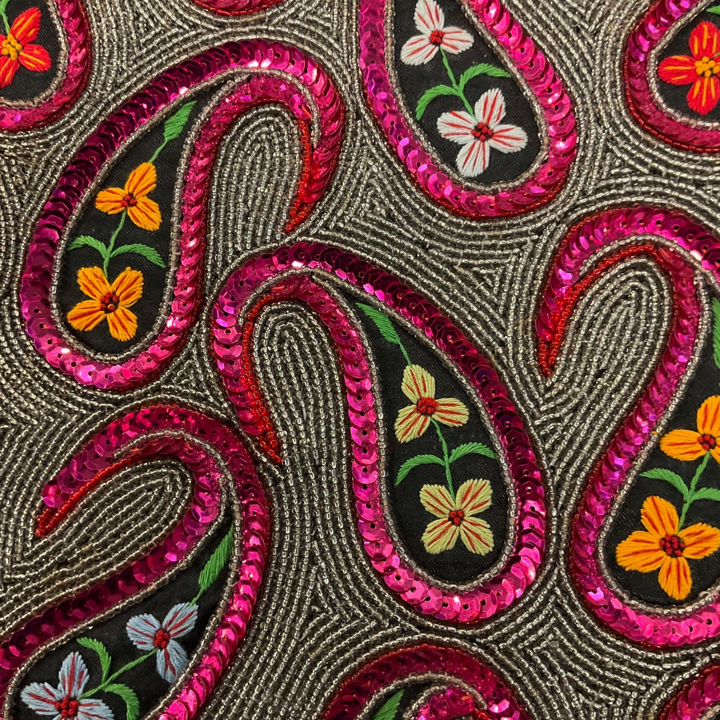 Vintage Large Beaded and Embroidered Floral Paisley Festival Chic Handbag, pink and silver decoration