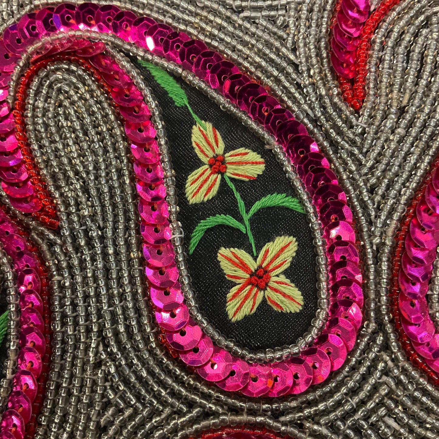Vintage Large Beaded and Embroidered Floral Paisley Festival Chic Handbag, pink and silver decoration