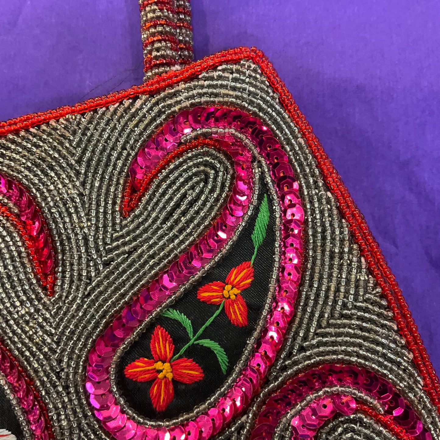 Vintage Large Beaded and Embroidered Floral Paisley Festival Chic Handbag, pink and silver decoration